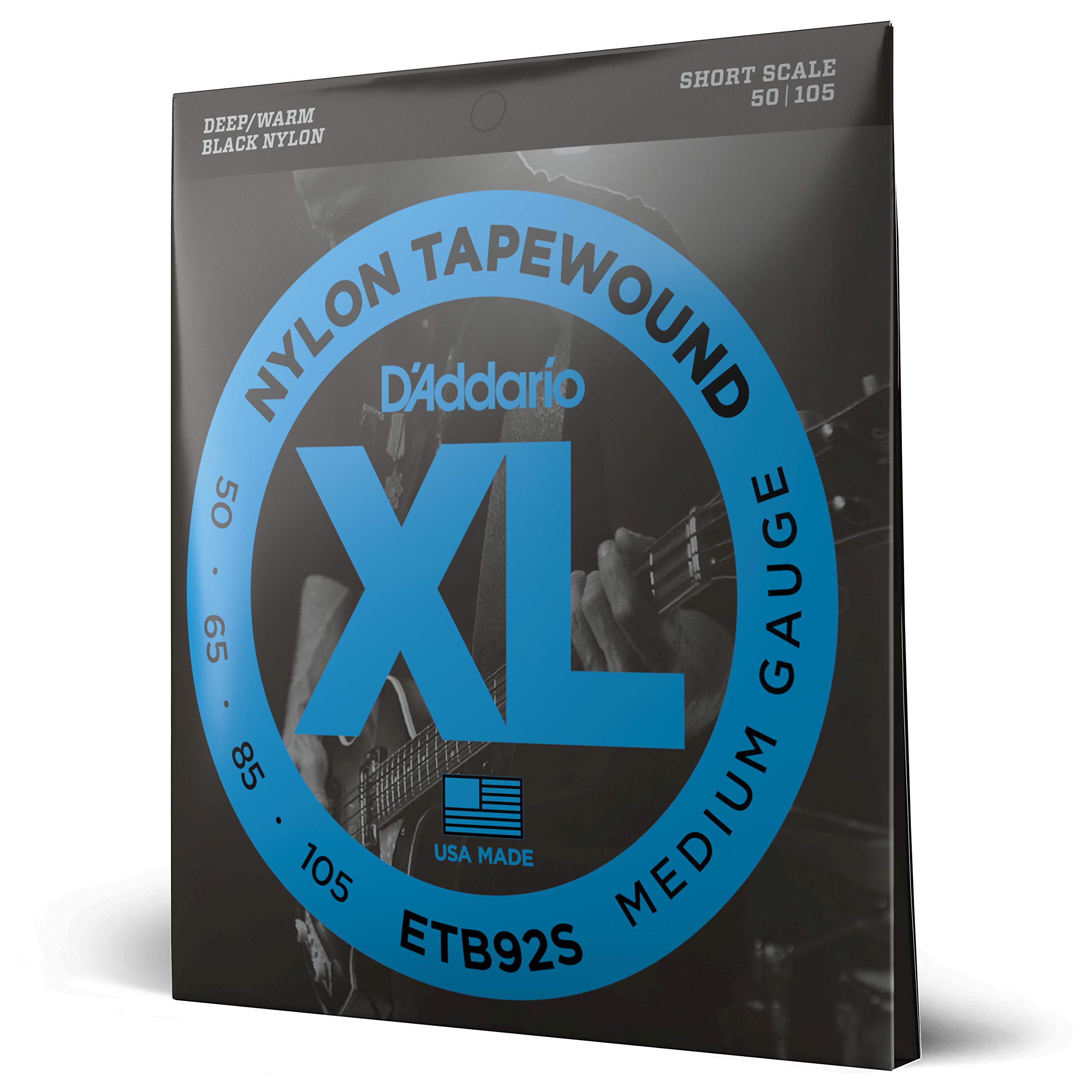 D'Addario ETB92S Tapewound Black Nylon Bass Guitar Strings - Short Scale, Medium Gauge 50-105, 4-String Set (Pack of 1) - Perfect for Jazz, Blues & Studio Recording