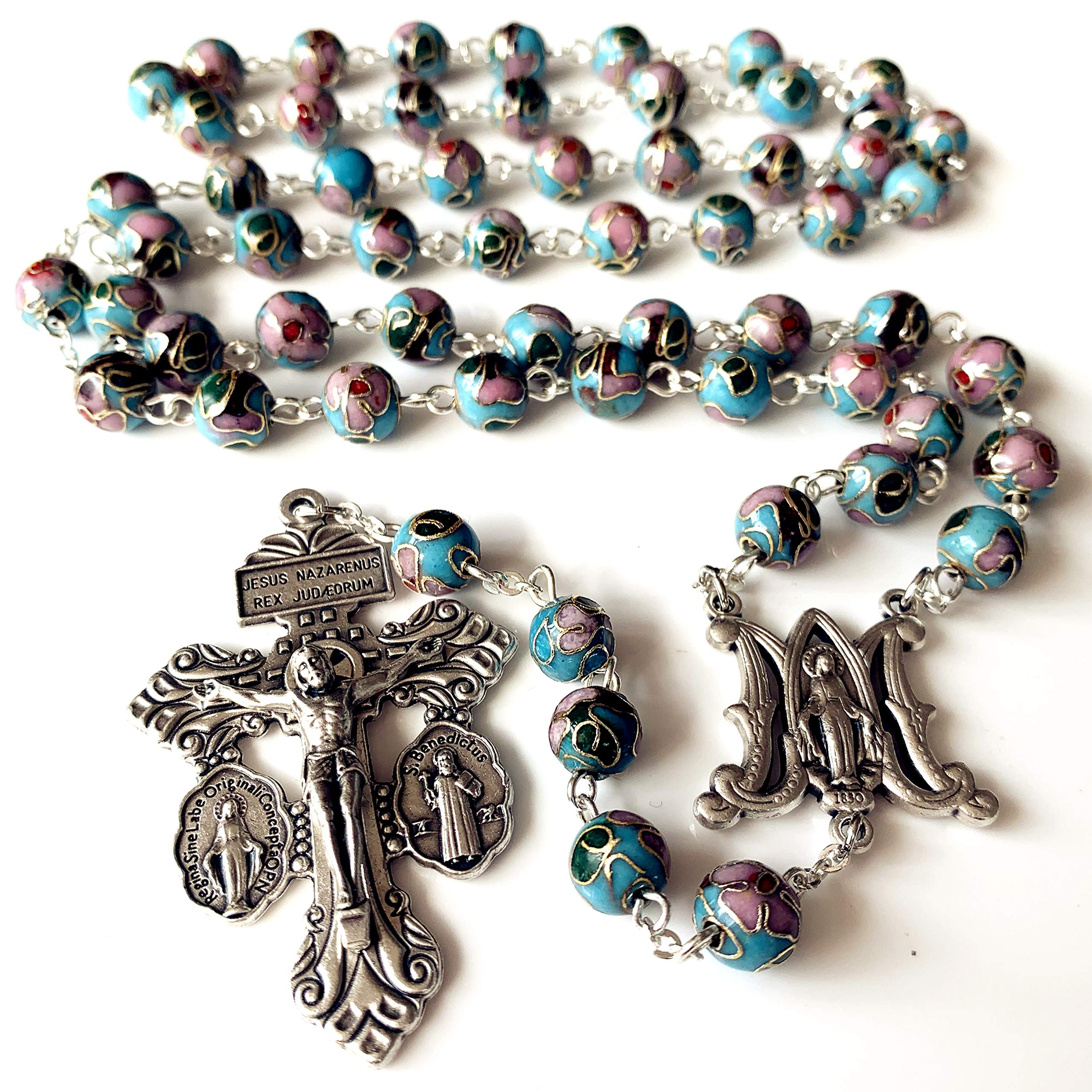 Handmade Blue Cloisonne Beads Rosary Necklace with Italy Cross - Elegant Catholic Jewelry Gift Set in Gift Box for Women, Baptism, First Communion & Religious Occasions