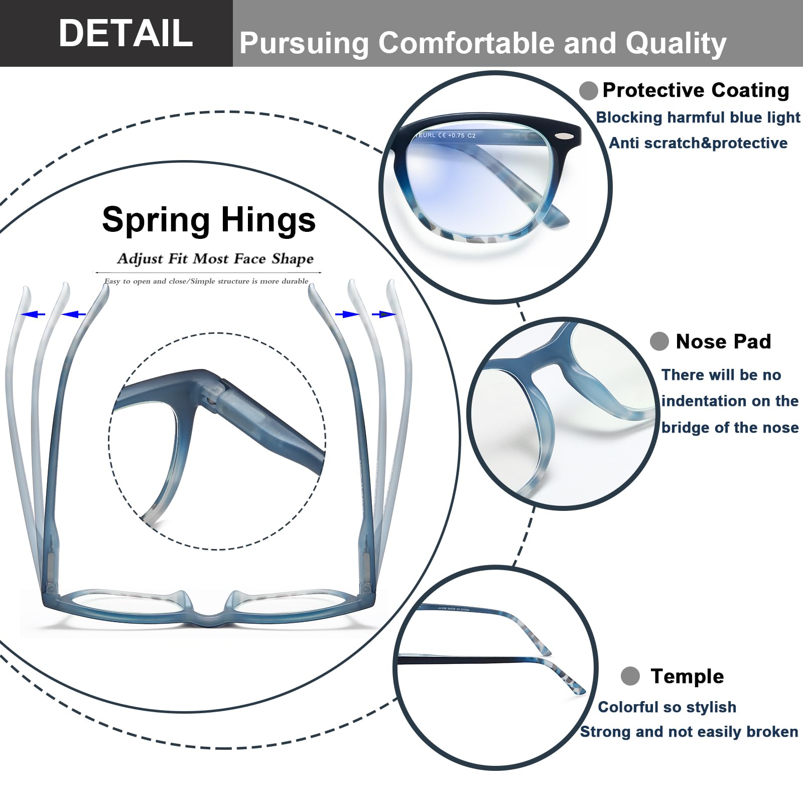 EYEURL 4-Pack Blue Light Blocking Reading Glasses - Anti Glare Computer Glasses for Women & Men with Round Frame - Perfect for Office Work, Screen Time & Digital Eye Strain Relief