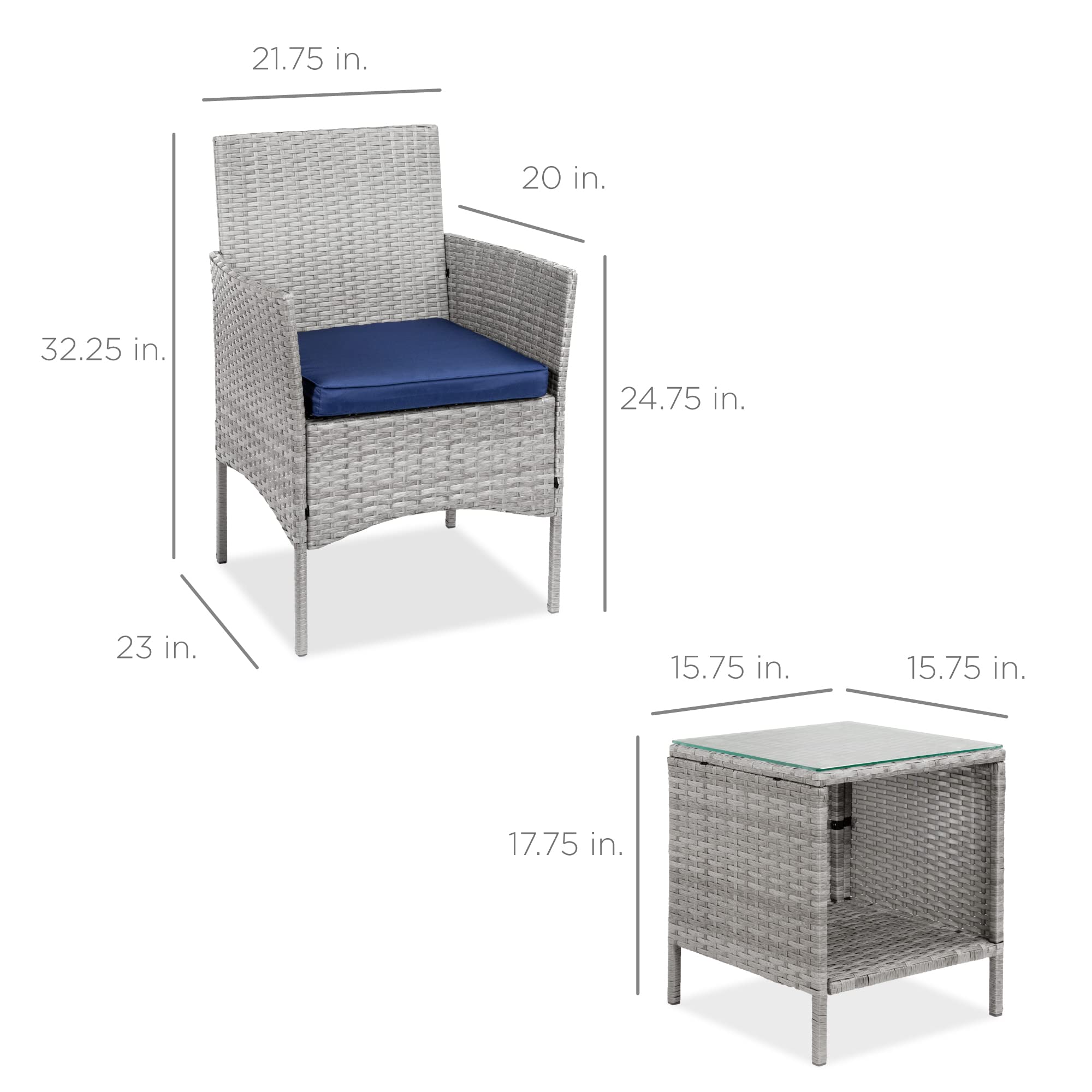 Best Choice Products 3-Piece Outdoor Wicker Conversation Bistro Set - Space Saving Patio Furniture with Side Table for Garden, Balcony & Small Spaces - Gray/Navy - Perfect for Coffee Mornings & Relaxing Evenings