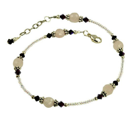 Genuine Garnet & Rose Quartz Crystal Beaded Anklet Bracelet for Women - Elegant Bohemian Ankle Jewelry for Yoga, Beach, Summer Outfits
