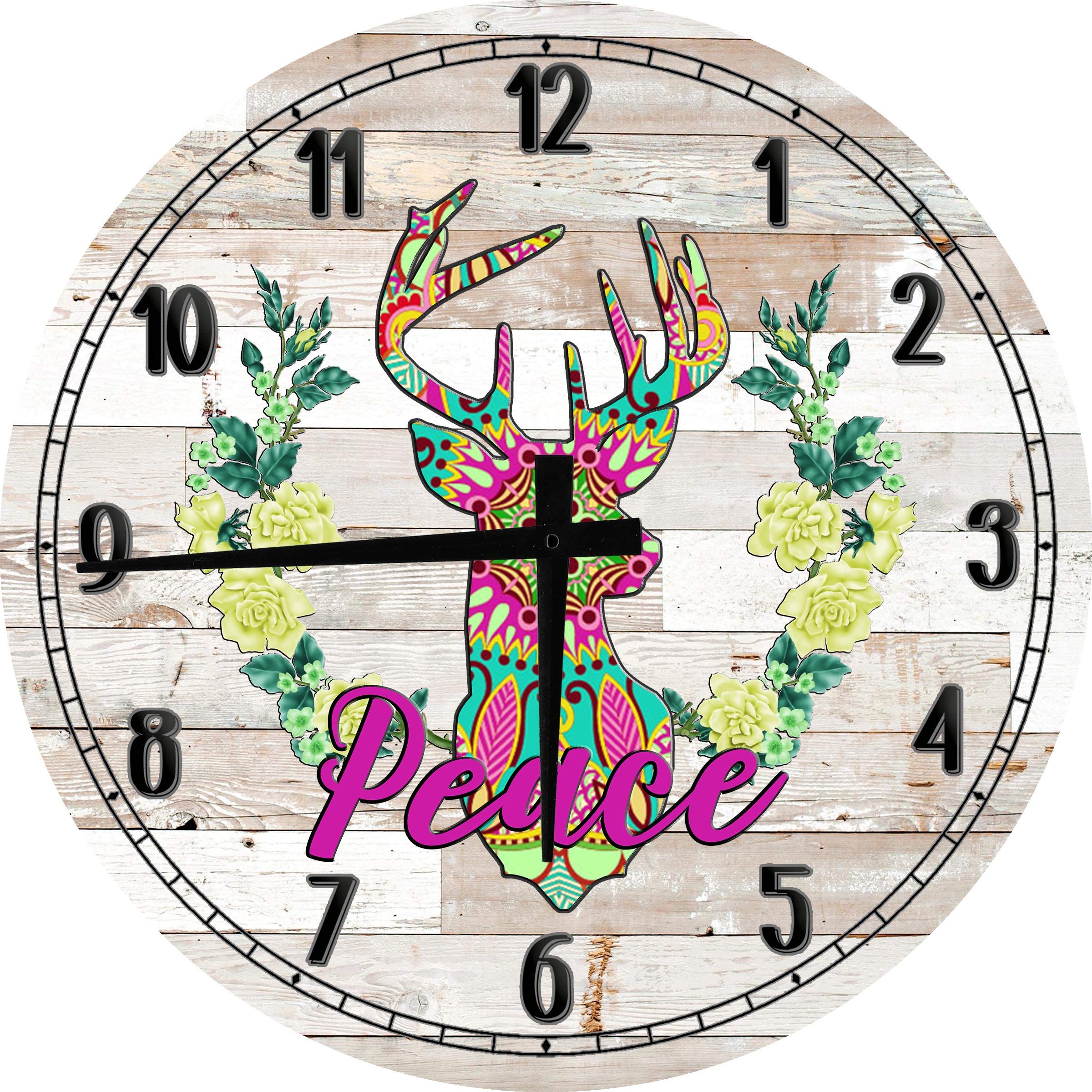 Boho Wall Art Decor - 12 Inch Large Round Wood Wall Clock with Peace Deer Flower Reef Design in White - Perfect for Living Room, Bedroom & Boho Home Decor