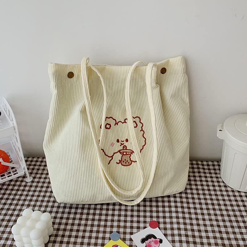Stylish Corduroy Tote Bag for Women - Fashionable Shoulder & Crossbody Purse - Cute Aesthetic Handbag with Bear Bottle Design - Perfect for Work, Shopping & Daily Use