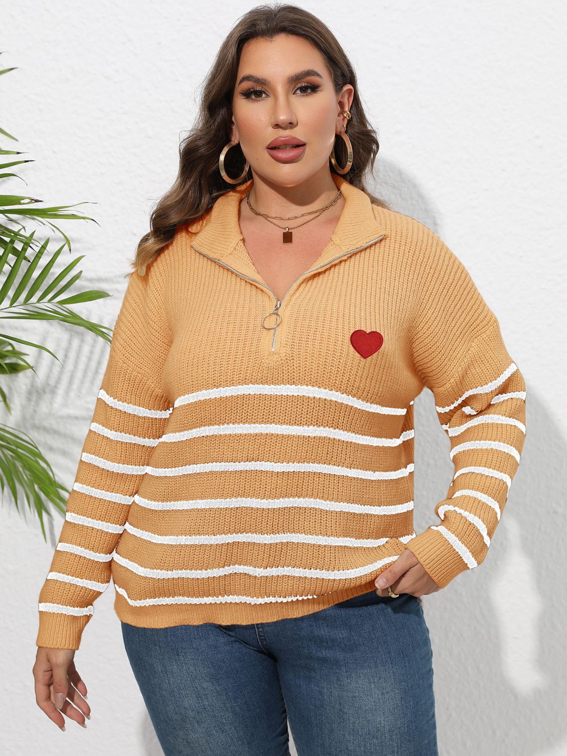 Plus Size Striped Zip Up Sweater for Women - Cozy & Stylish Pullover for Casual Outings, Work & Fall Fashion