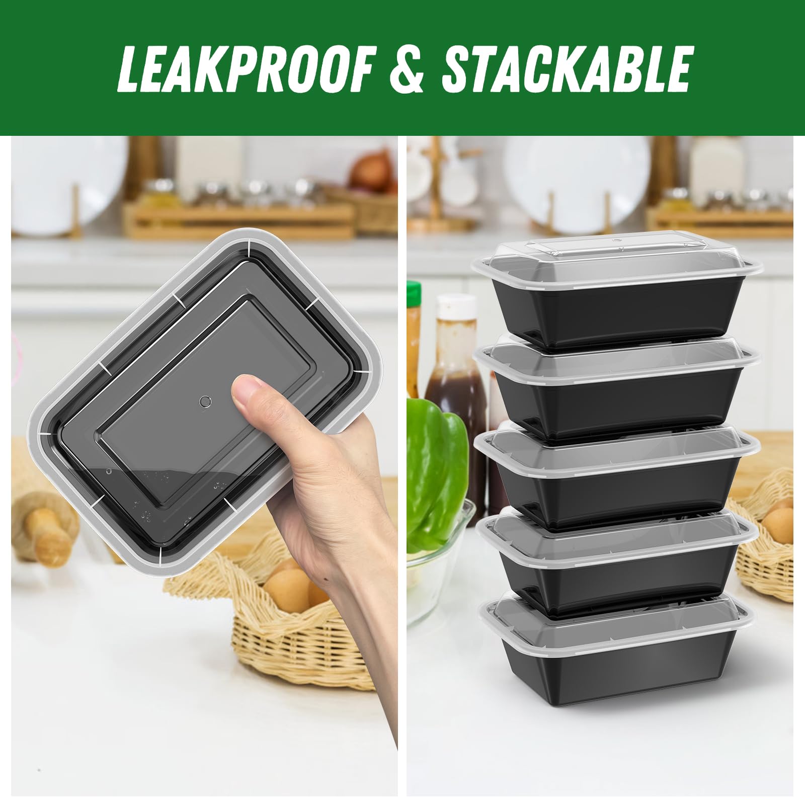 50-Pack (100-Piece) 24 oz Reusable Meal Prep Containers with Lids - Leakproof, Microwave, Freezer & Dishwasher Safe - BPA-Free Plastic Food Storage Containers for Meal Prepping, Leftovers, Takeout & Office Lunch