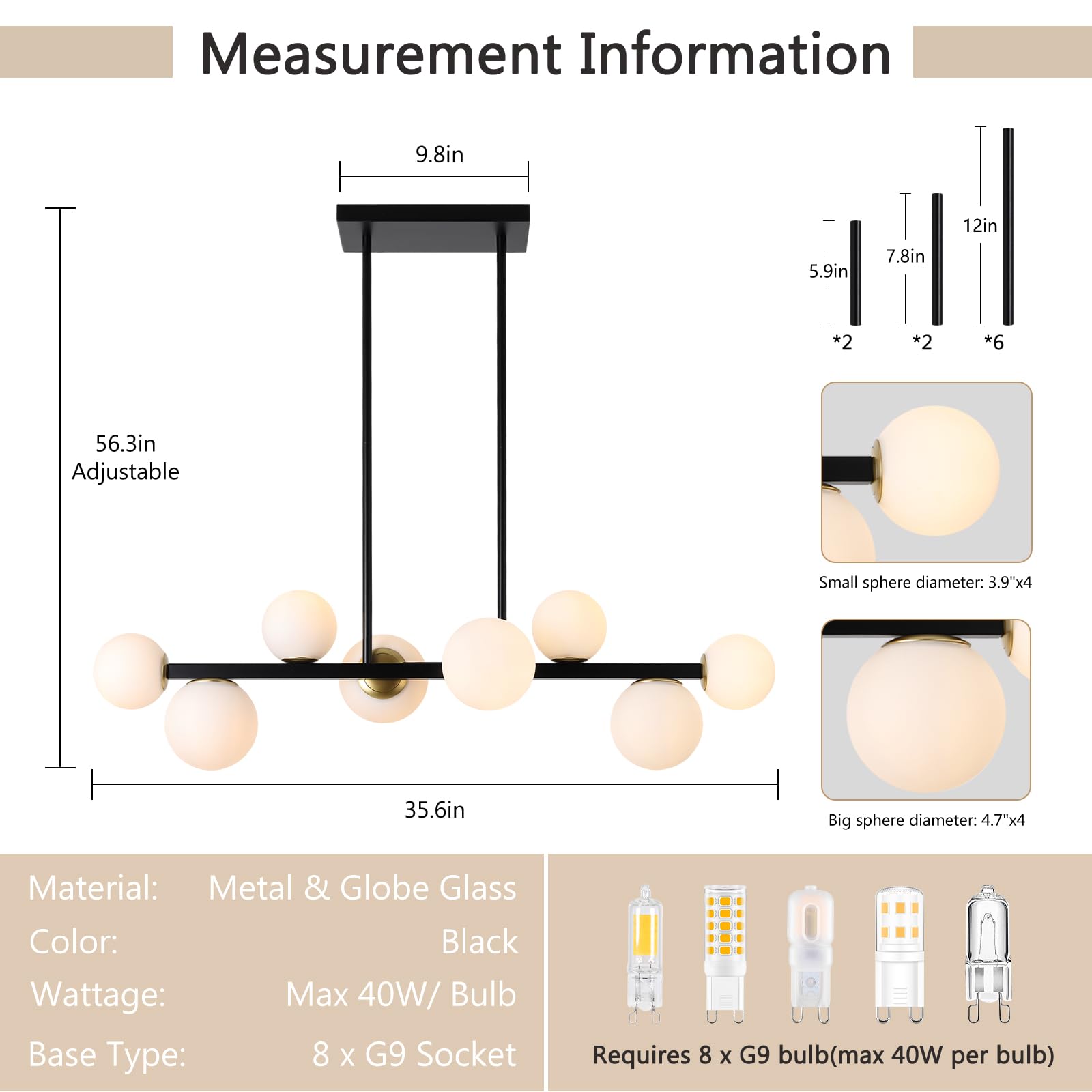 Jonsi Mid Century Modern 8-Light Globe Glass Linear Chandelier - Adjustable Black and Gold Ceiling Hanging Fixture for Dining Room, Kitchen Island, and Living Room Lighting