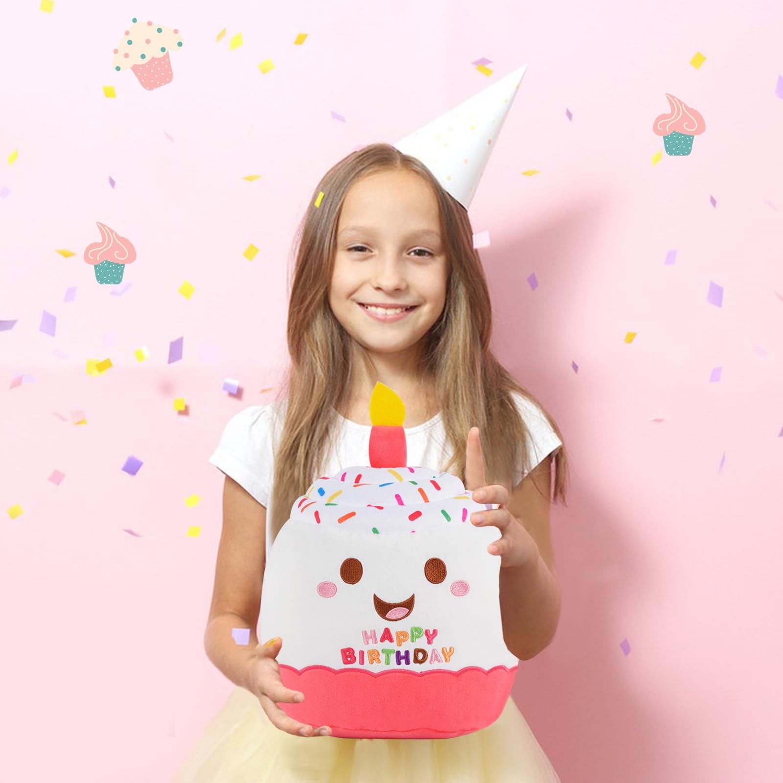 12 Inch White Birthday Cake Plush Toy - Cute Soft Stuffed Animal for Kids, Birthday Party Decorations & Gifts (Perfect for Baby Showers, Gender Reveals & 1st Birthday Celebrations)