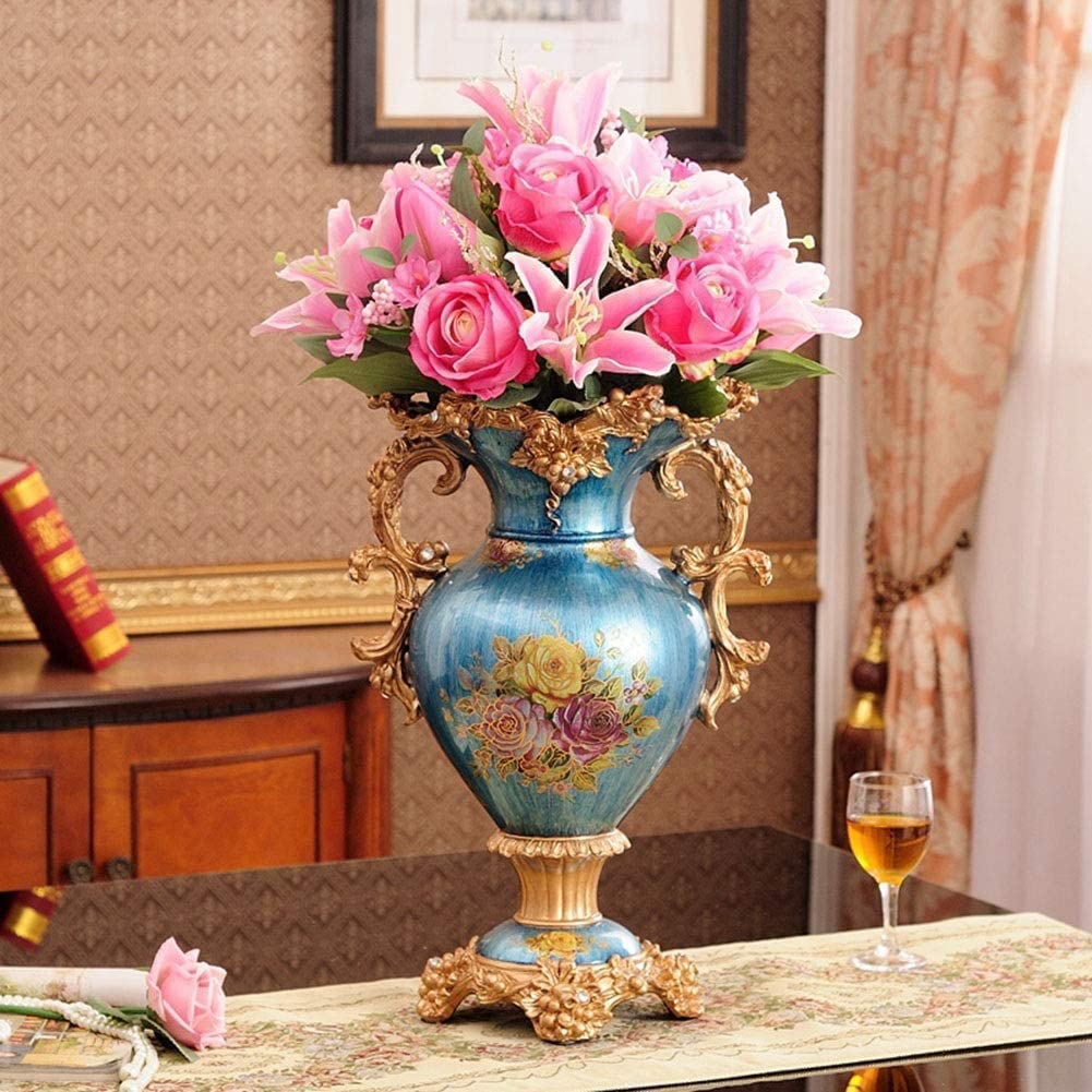 Hand-Painted European-Style Retro Resin Tall Flower Vase - 31cm×46cm Blue Decorative Centerpiece for Living Room, Dining Table, Bedroom, Office & Hotel Decor - Perfect for Weddings, Home Styling and Gift Giving