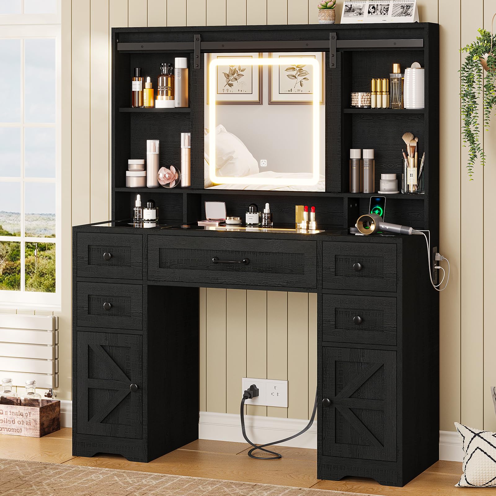 Farmhouse Makeup Vanity with LED Lights & Sliding Mirror - Glass Top Vanity Desk with USB Charging Station - Large Makeup Table with 5 Drawers, Shelves & Cabinets - Wood-Grain Black Finish - Perfect for Bedroom, Dressing Room & Bridal Suite Makeup Organization