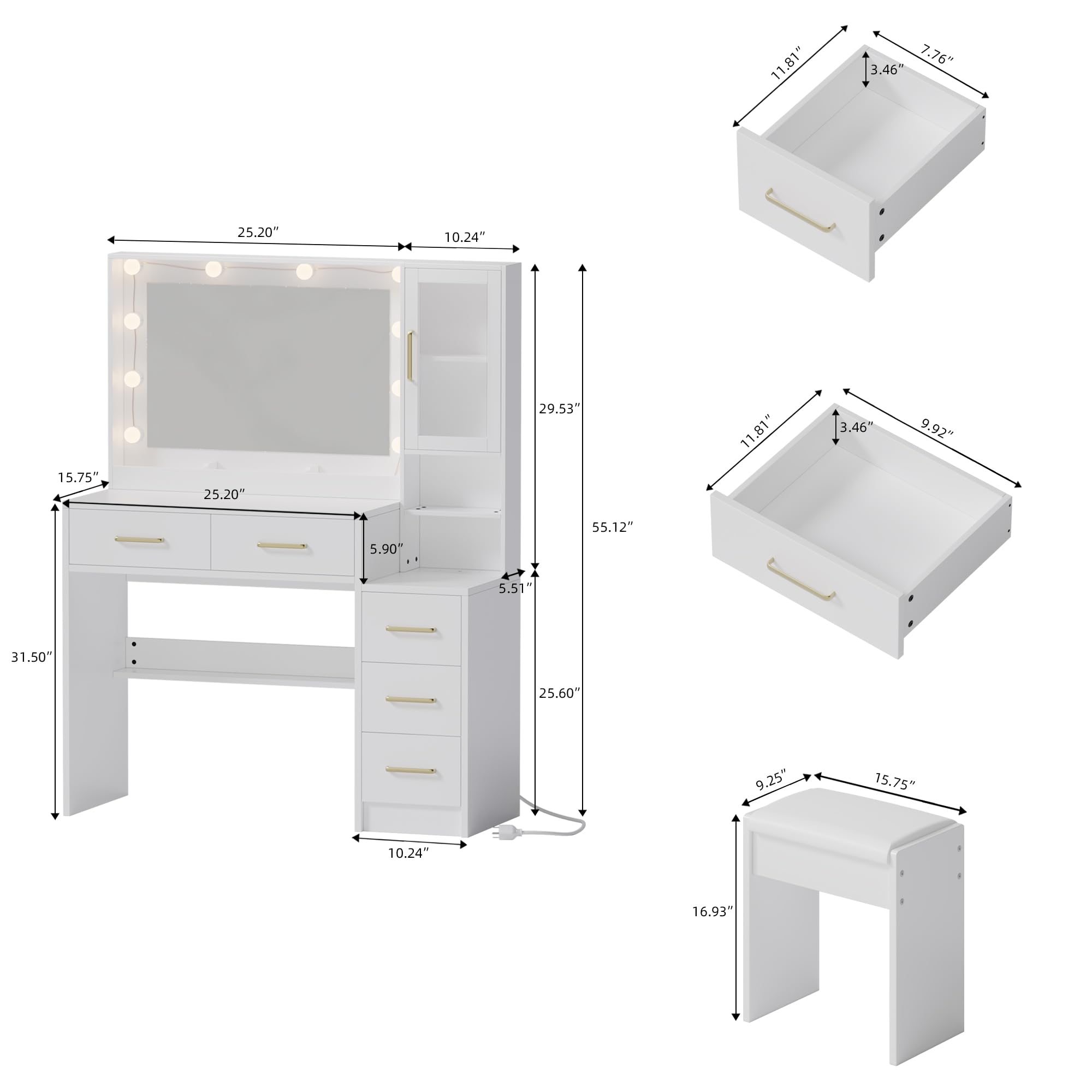 White Makeup Vanity Table with LED Lights & USB Charging Station, 5 Drawers & Open Shelves - Dressing Table Set for Women & Girls, Perfect for Bedroom, Dorm Room or Beauty Salon