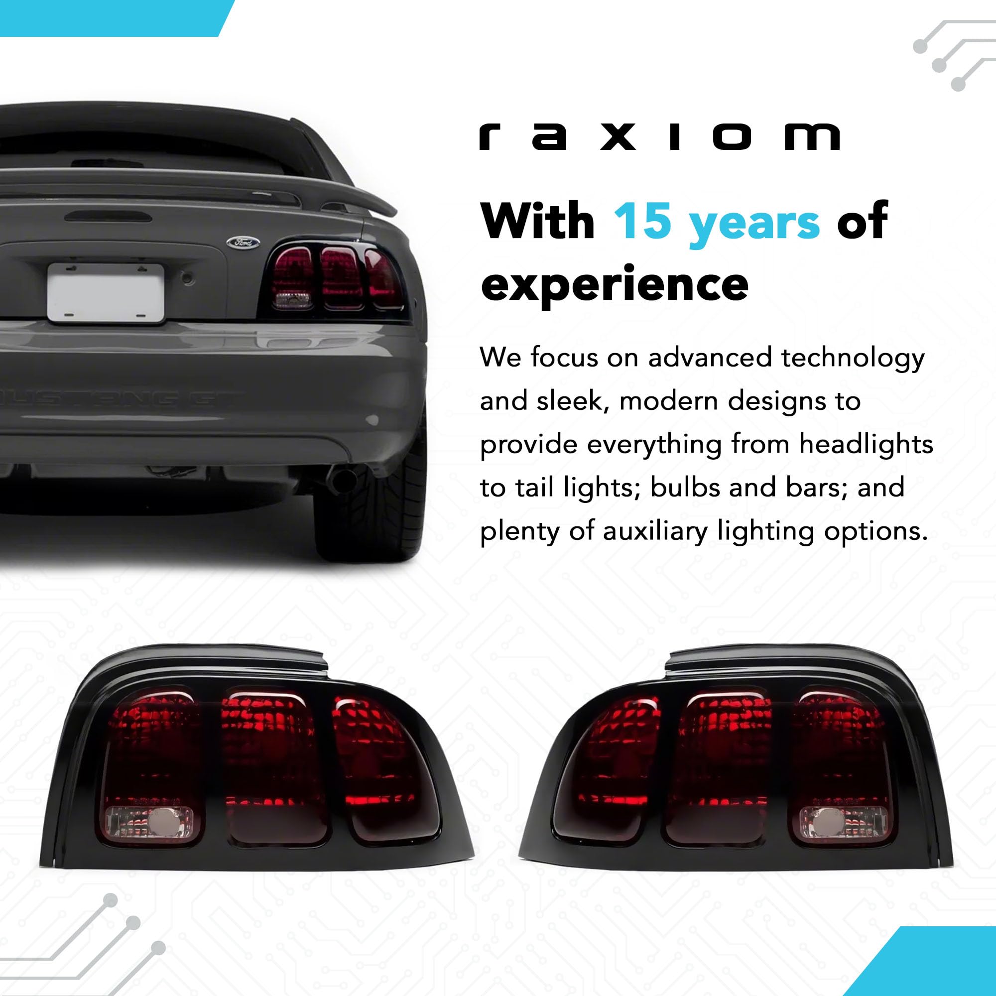 Raxiom Smoked Tail Lights Assembly for Ford Mustang 1996-1998 - LED Brake Lights with Iconic Design - Upgrade Your Mustang's Rear Style for Night Driving & Car Shows