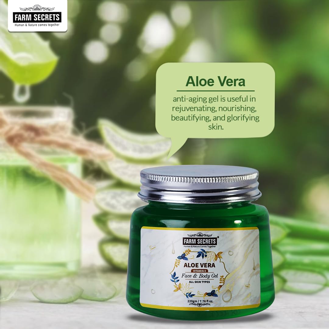 Farm Secrets Aloe Vera Face and Body Gel – 220g | Hydrating & Soothing Moisturizer for Dry Skin, Sunburn Relief, After Shave Care | Perfect for Daily Skincare & Post-Sun Exposure
