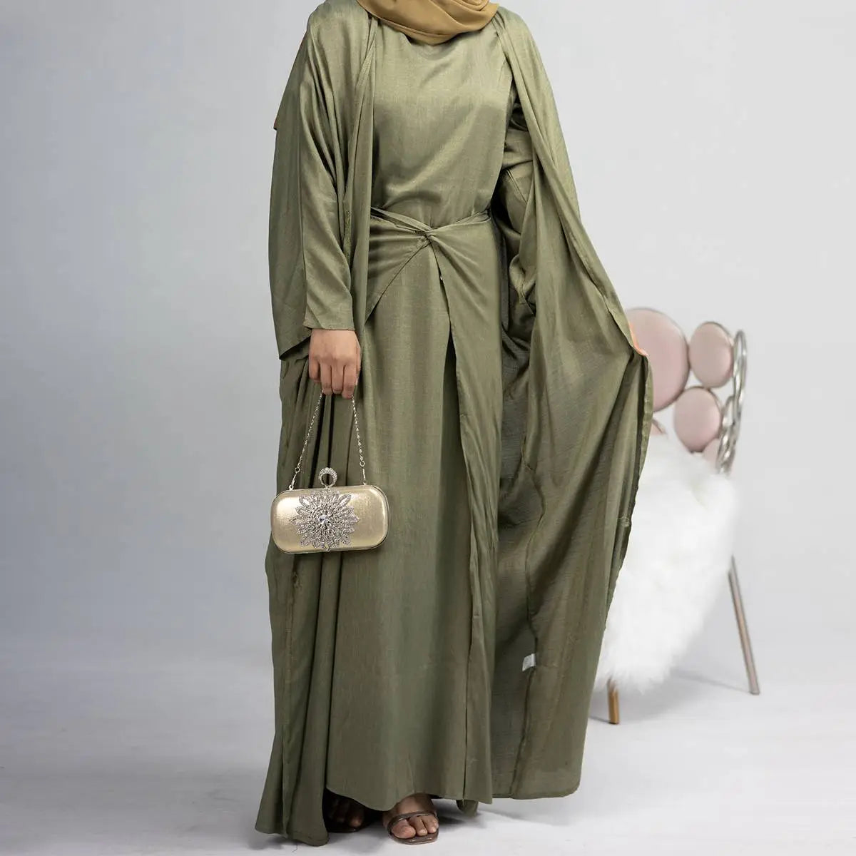 4 Piece Muslim Open Abaya Dress Set with Scarf - Modest Islamic Prayer Outfit for Women, Elegant Loose Flowing Abaya with Mid Wrap & Inner Dress - Perfect for Mosque, Eid, Ramadan & Special Occasions