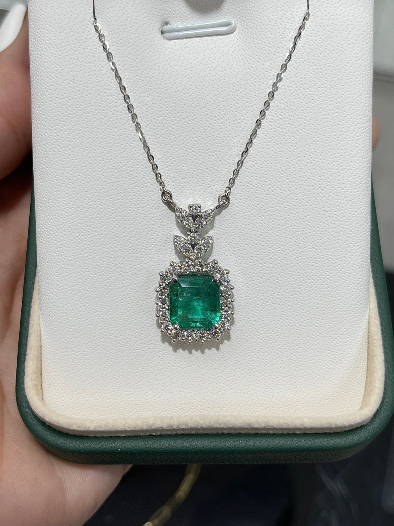 5.58tcw 18K Natural Bluish Green Emerald Asscher Cut Diamond Halo White Gold Necklace for Women | Elegant Bridal Jewelry & Special Occasion Gift