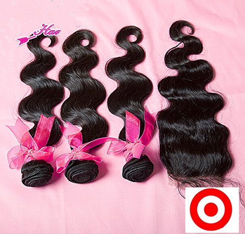 DaJun Hair 8A Free Part Indian Body Wave With Closure - 3 Bundles Brazilian Remy Human Hair Extensions (20