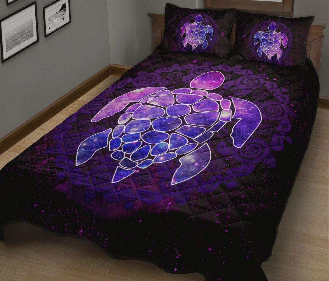 Purple Galaxy Turtle Quilt Bed Set - Full Size Soft & Breathable Comforter with Sea Animals Design - Twin/Queen/King/Throw - Perfect for Kids' Rooms, Beach Themed Bedrooms & Cozy Home Decor