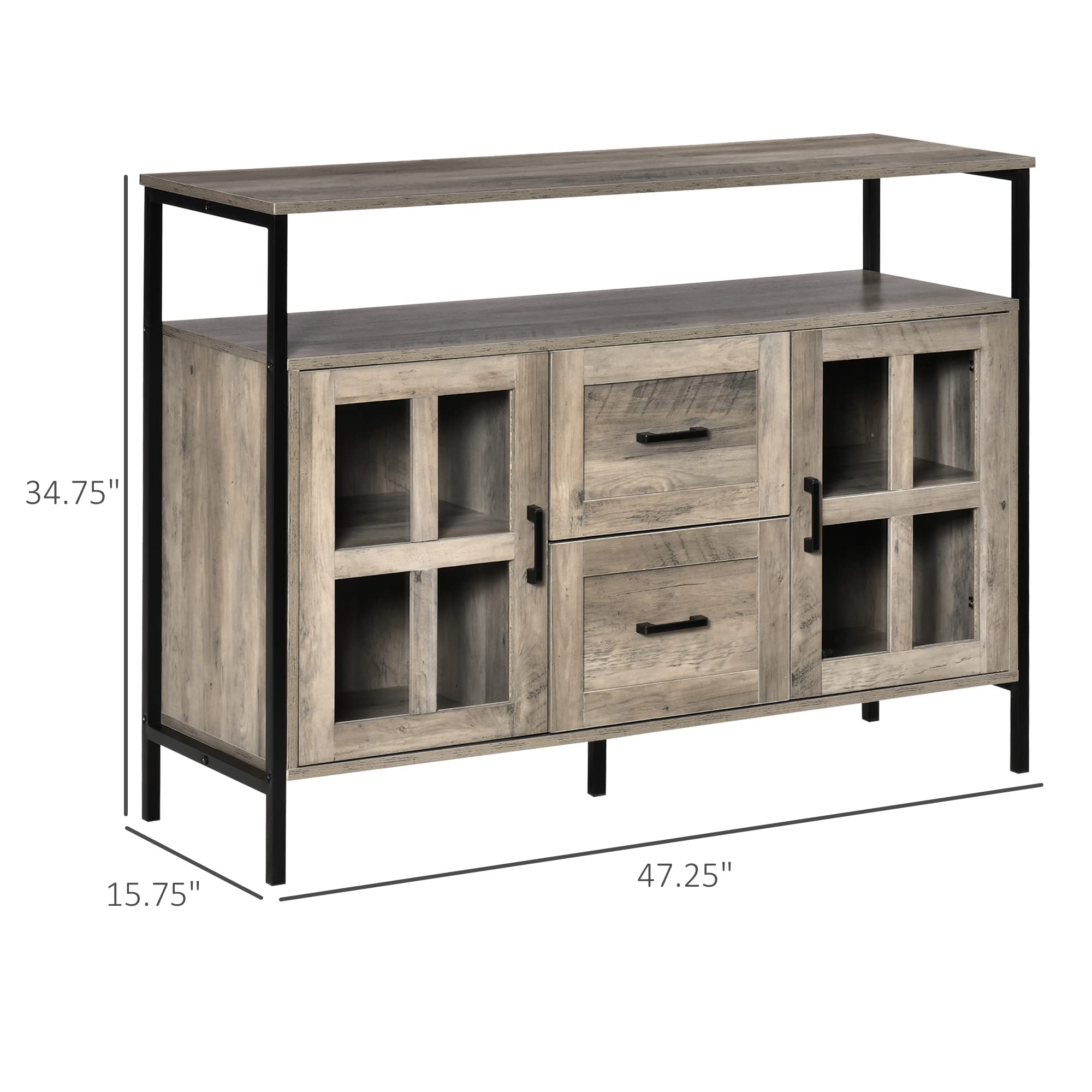 HOMCOM Industrial Sideboard Buffet Cabinet with Adjustable Shelves & Glass Doors - 2-Drawer Storage Cabinet for Kitchen, Living Room, Dining Room | Coffee Bar, Home Organization, Gray Furniture for Modern Interiors