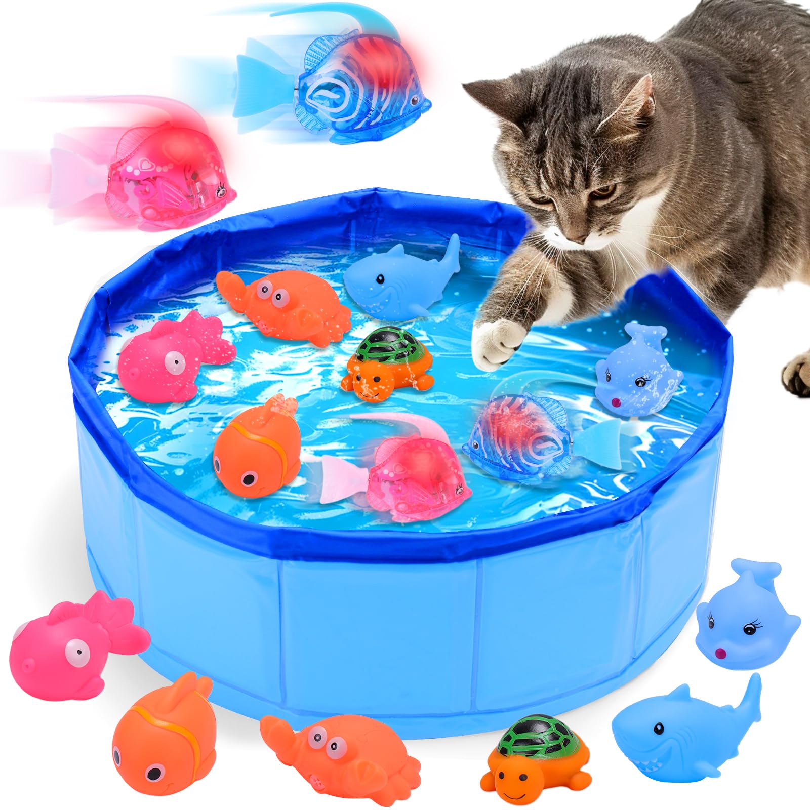 BABORUI Interactive Cat Pool Toy with Swimming Fish - Portable Water Play Toy for Indoor Cats | Summer Fun & Exercise for Bored Cats | Endless Self-Play in Bathtub, Backyard or Living Room