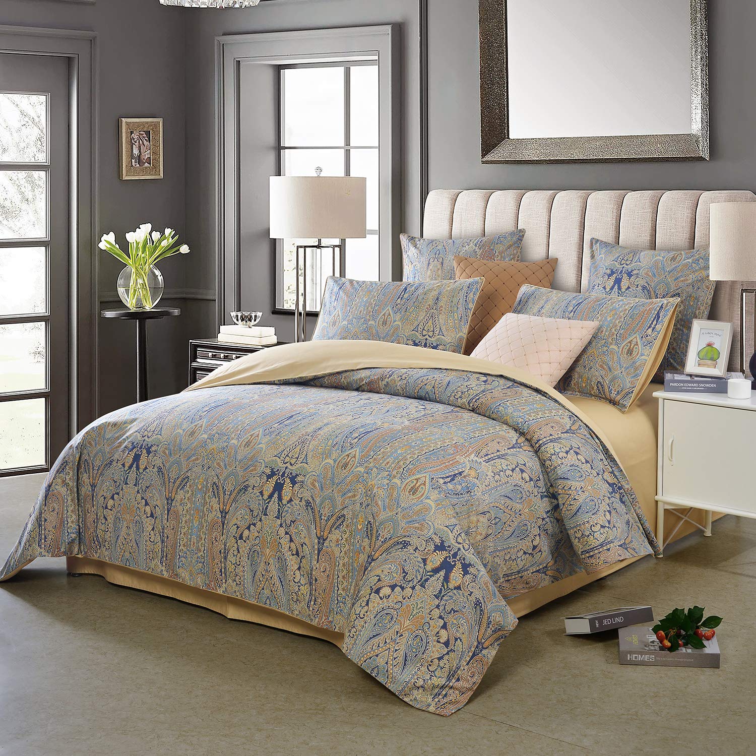 Softta Vintage King Size Luxury Bedding Set 3Pcs - 100% Egyptian Cotton Sateen Duvet Cover with Boho Floral Paisley Pattern in Gold, Blue, Black & Orange - Reversible Home Bedding Collection for Master Bedroom & Guest Room Decor