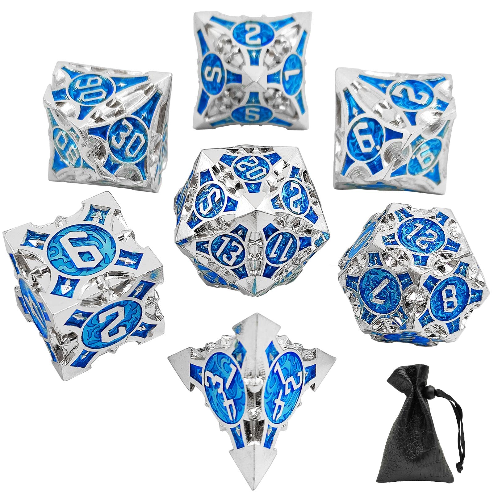 Premium Metal D&D Dice Set - Dungeons & Dragons Polyhedral Dice (D20, D12, D10, D%, D8, D6, D4) with Black Gift Bag - Perfect for MTG, TRPG, Pathfinder & Board Games - Steampunk Silver Blue Design for RPG Enthusiasts & Tabletop Gamers