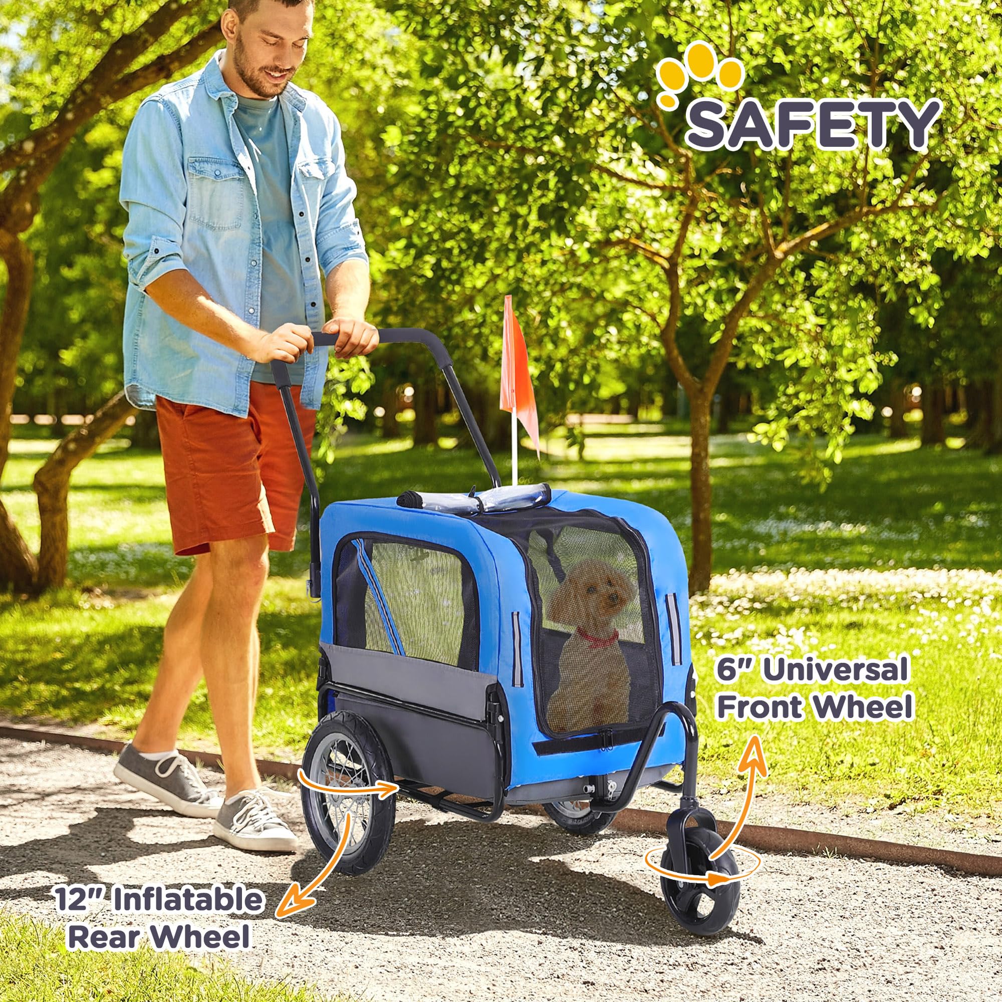 Aosom 2-in-1 Small Dog Bike Trailer & Stroller with Hitch - Blue Bicycle Sidecar Wagon Cart Carrier for Pets | Perfect for Cycling Adventures, Park Visits & Outdoor Travel with Your Dog