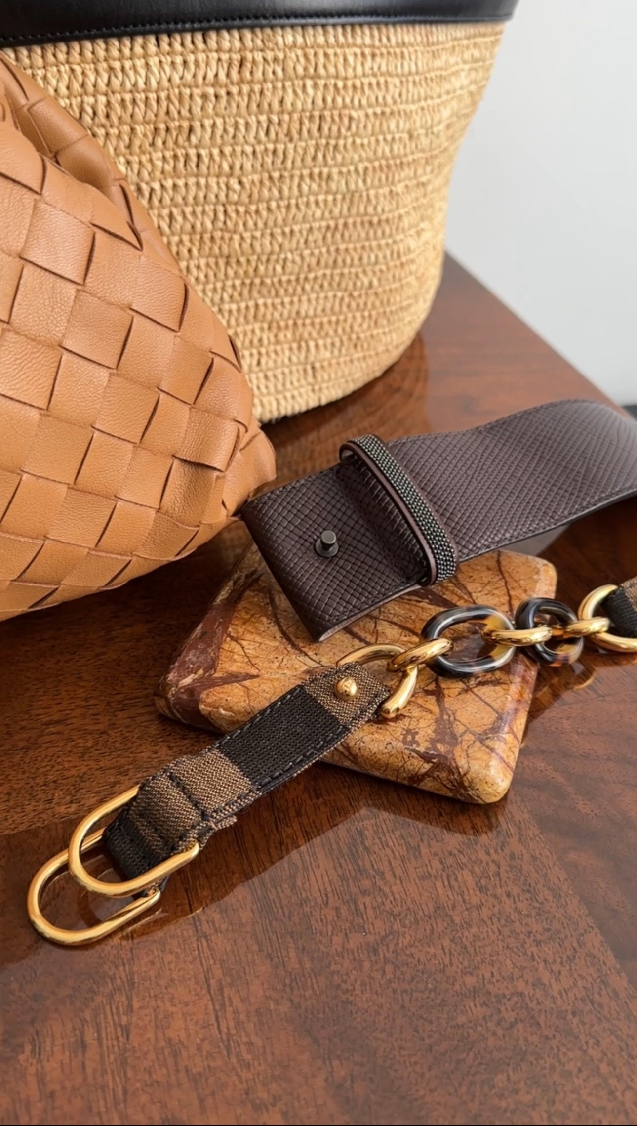 Fendi Brown Striped Canvas Chain Belt for Women - Adjustable Waist Strap S/M - Perfect for Casual Outfits, Dresses & Jeans