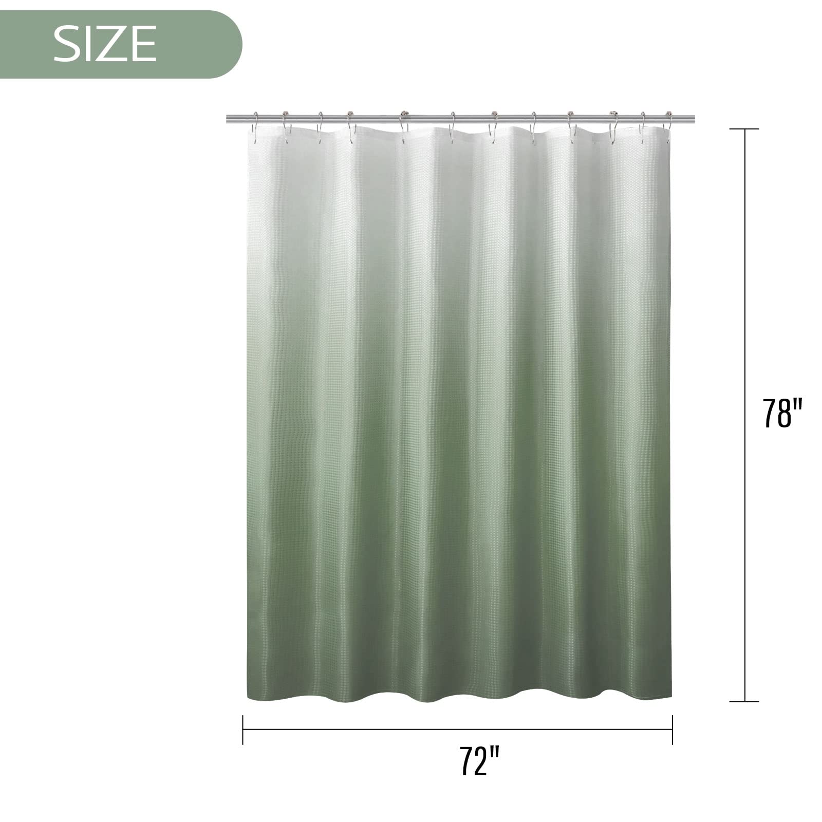 BBiggood Sage Green Ombre Waffle Weave Shower Curtain - 72x78 Inch Long Bathroom Shower Curtain with Hooks | Water-Resistant Fabric for Modern Bathrooms & Spa-Like Showers