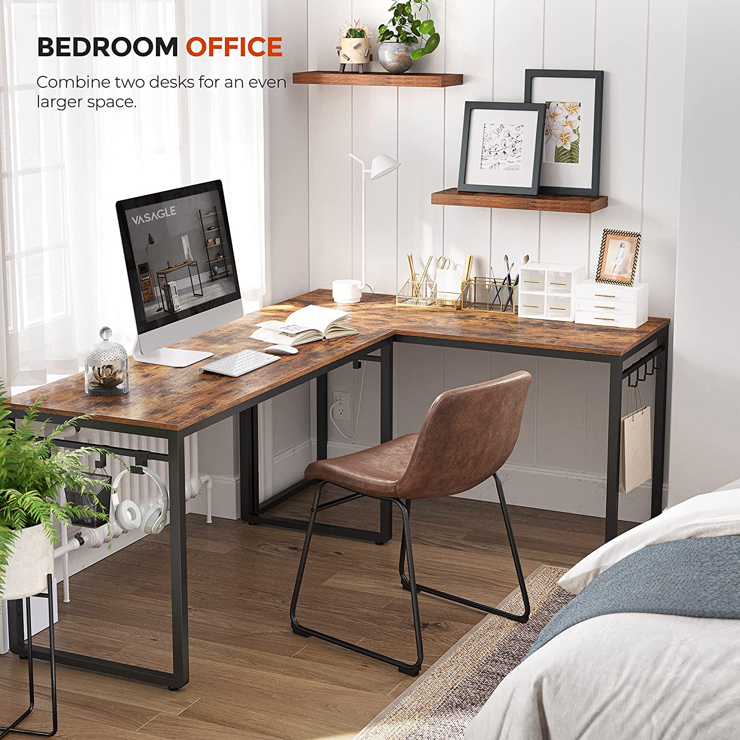 VASAGLE 55 Inch Industrial Computer Desk with Metal Frame and 8 Hooks - Rustic Brown Writing Desk for Home Office, Study & Work from Home - Perfect for Small Spaces, Gaming & Remote Work Setup