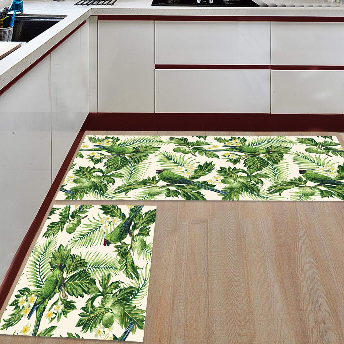 Anti-Fatigue Kitchen Floor Mats Set - 2 Pack Non-Slip Waterproof Cushioned Standing Mats with Tropical Palm Leaves Design (23.6x35.4in + 23.6x70.9in) for Comfortable Cooking, Dishwashing & Food Prep Areas