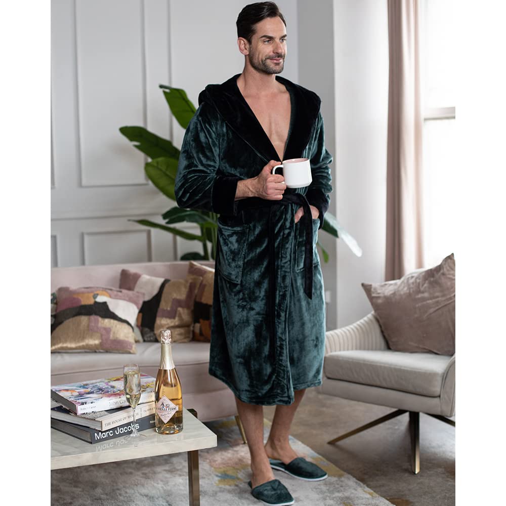 Premium Men's Plush Hooded Bathrobe - Ultra Soft Long Linen Robe for Spa, Lounge & Home Relaxation - Luxury Cotton Terry Cloth Robes for Men
