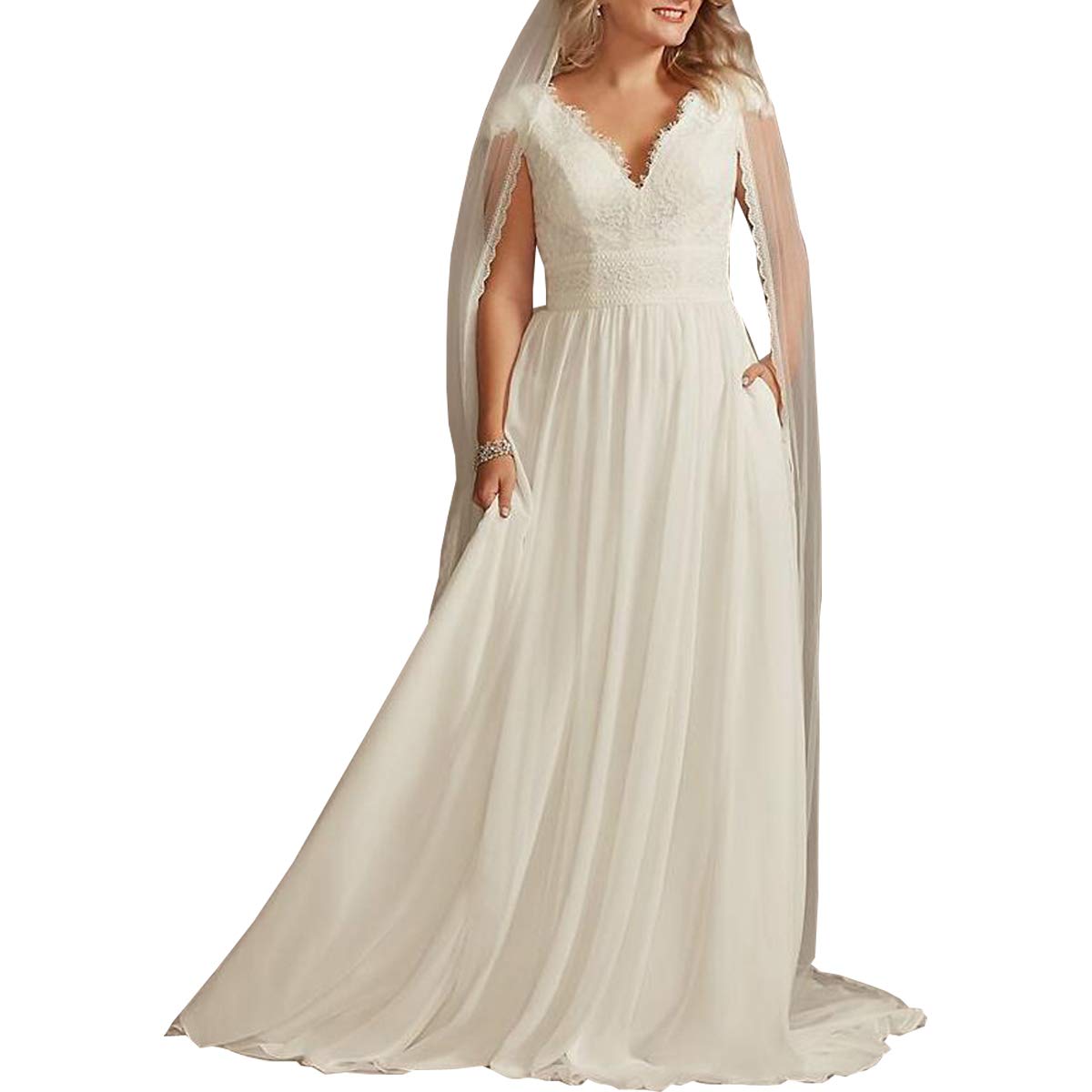 Elegant Chiffon Lace V-Neck Cap Sleeve Wedding Dress for Beach Brides | Romantic Boho Bridal Gown for Outdoor Ceremonies & Destination Weddings