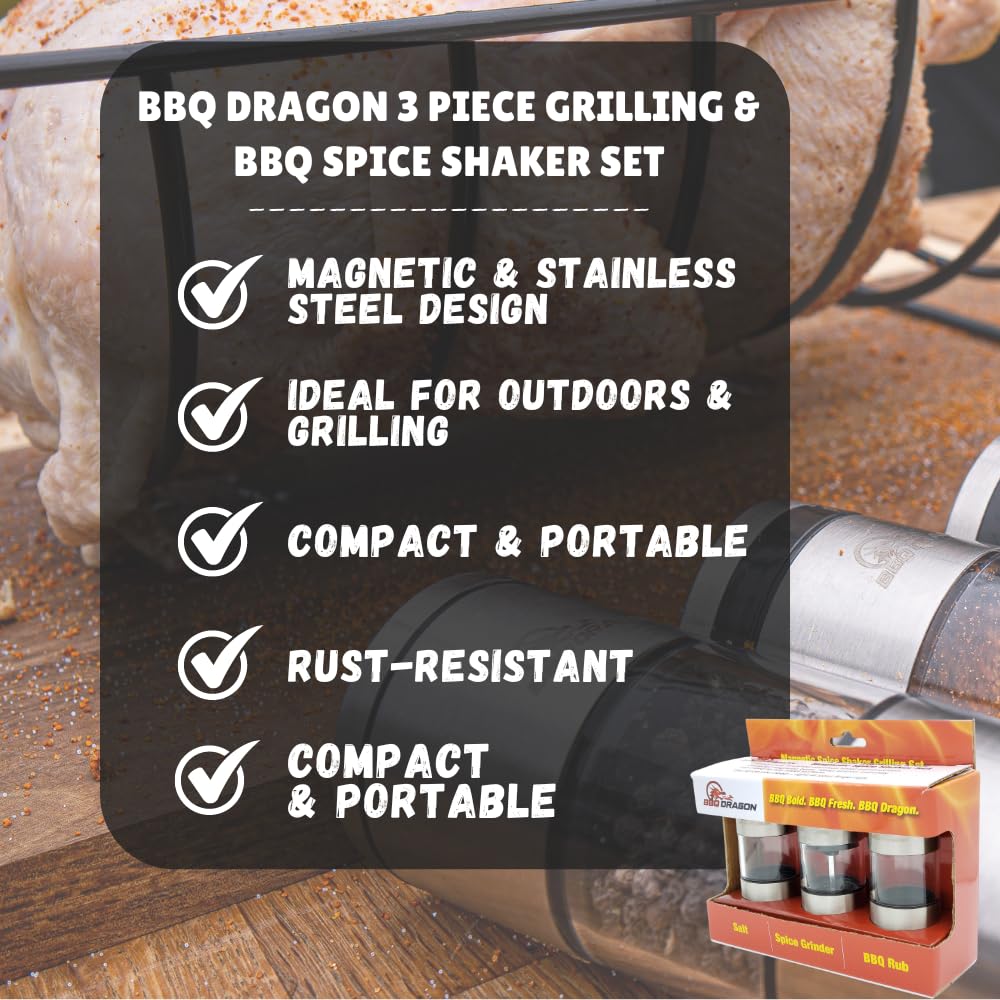 BBQ Dragon 3-Piece Magnetic Stainless Steel Salt and Pepper Shakers Set - Refillable Adjustable Grinder for Kitchen, Grill & Outdoor Cooking | Durable Spice Dispenser for BBQ, Camping & Dining Table