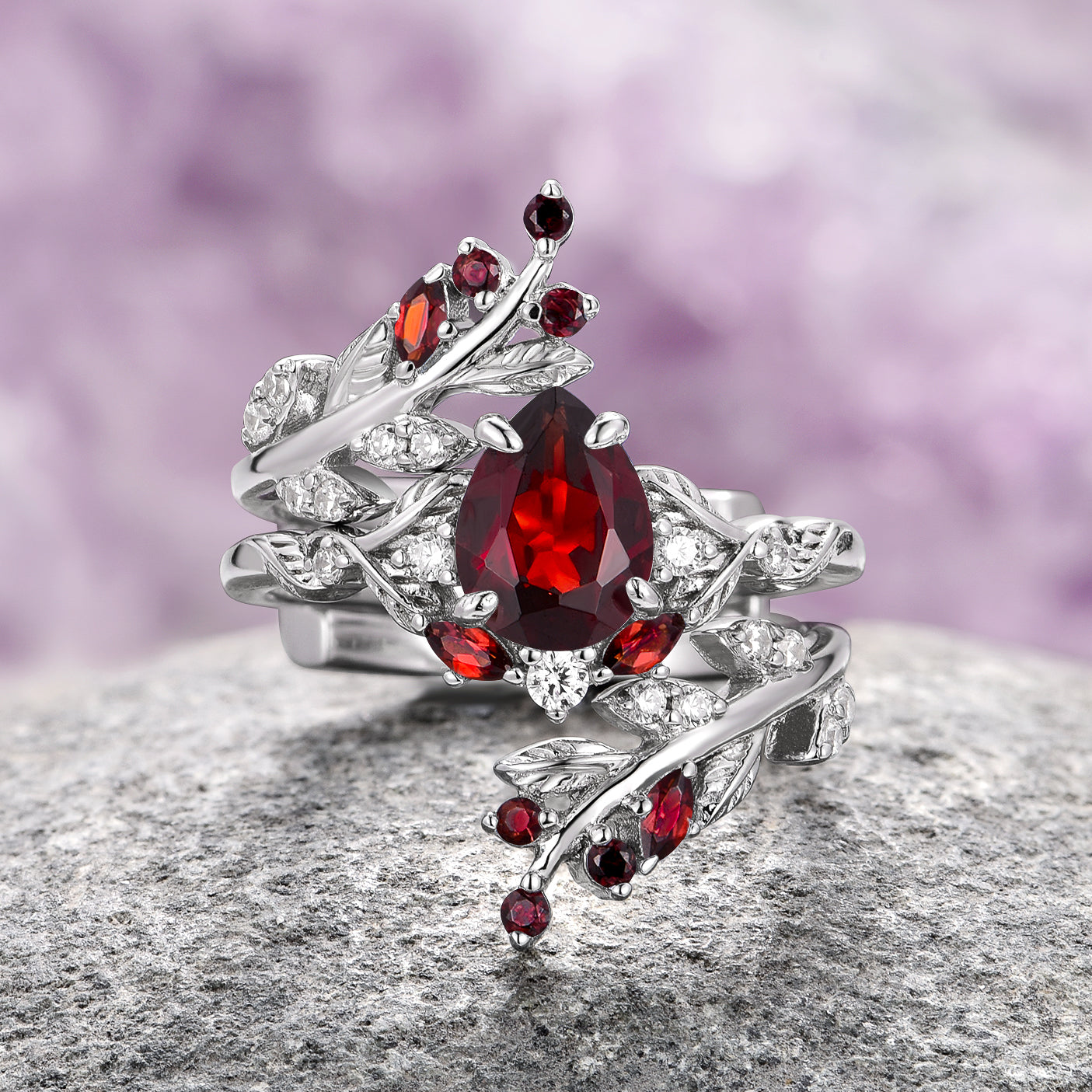 Natural Red Garnet Leaf Couples Ring - Handmade Sterling Silver Wisteria Design for Anniversary, Wedding & Romantic Gifts - Perfect for Valentine's Day, Engagement & Special Occasions