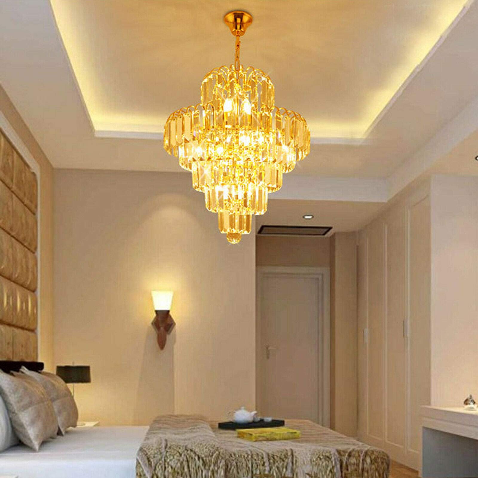 Luxury Crystal Chrome Chandelier - French Empire Style 4-Light K9 Raindrop Ceiling Pendant Light - Adjustable Contemporary Hanging Fixture for Dining Room, Living Room, Hotel Foyer - Gold Finish - Perfect for Elegant Home Decor & Commercial Spaces