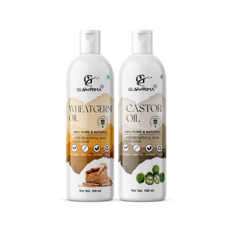 Glowrima 100% Pure Wheat Germ Oil & Castor Oil Combo (100ML Each) - Promotes Rapid Hair Growth, Reduces Hair Fall, Repairs Split Ends for Softer & Shinier Hair - Perfect for Daily Hair Care & Scalp Treatment (Pack of 2)