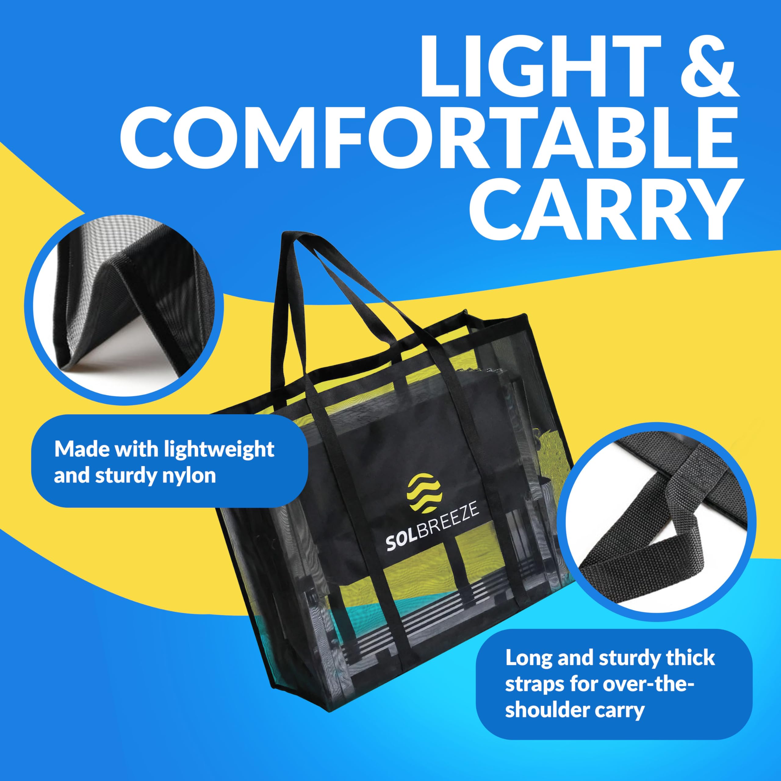SOLBREEZE XX-Large Beach Tote Bag - Heavy Duty 60 lbs Capacity, Fits 2 Beach Chairs, Water-Resistant Black Sand Carrier | Perfect for Beach Trips, Poolside Lounging & Summer Vacations