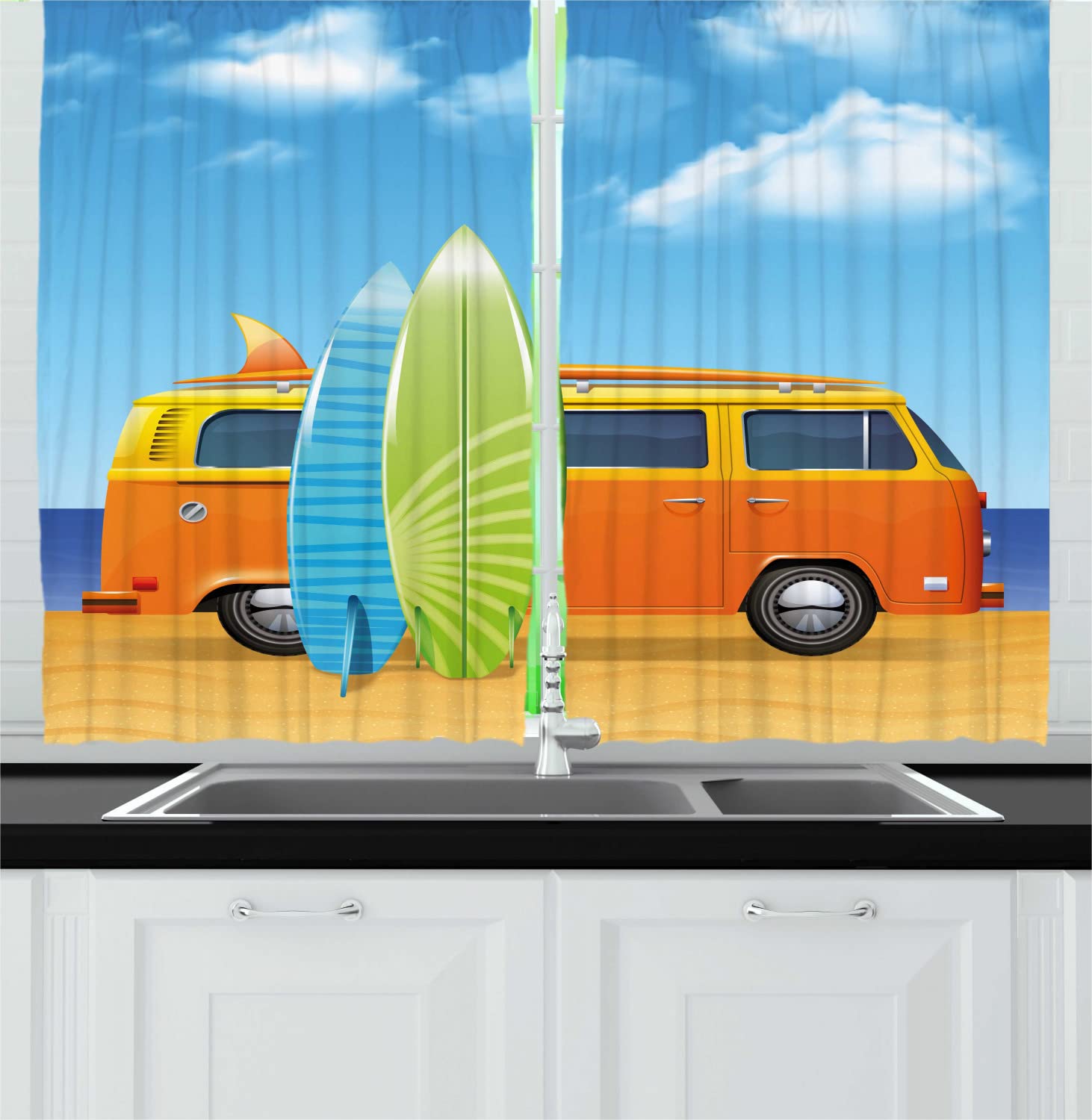 Ambesonne Retro Camper Van & Surfboard Beach Kitchen Curtains - 55