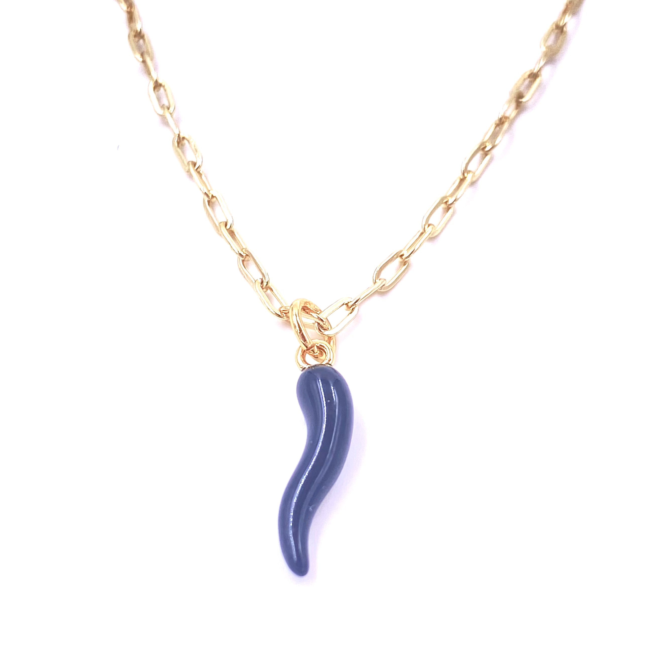 Ashley Gold Plated Stainless Steel Black Enamel Horn Charm Necklace for Women - Perfect for Gothic Fashion, Halloween Costumes & Boho Jewelry Collection