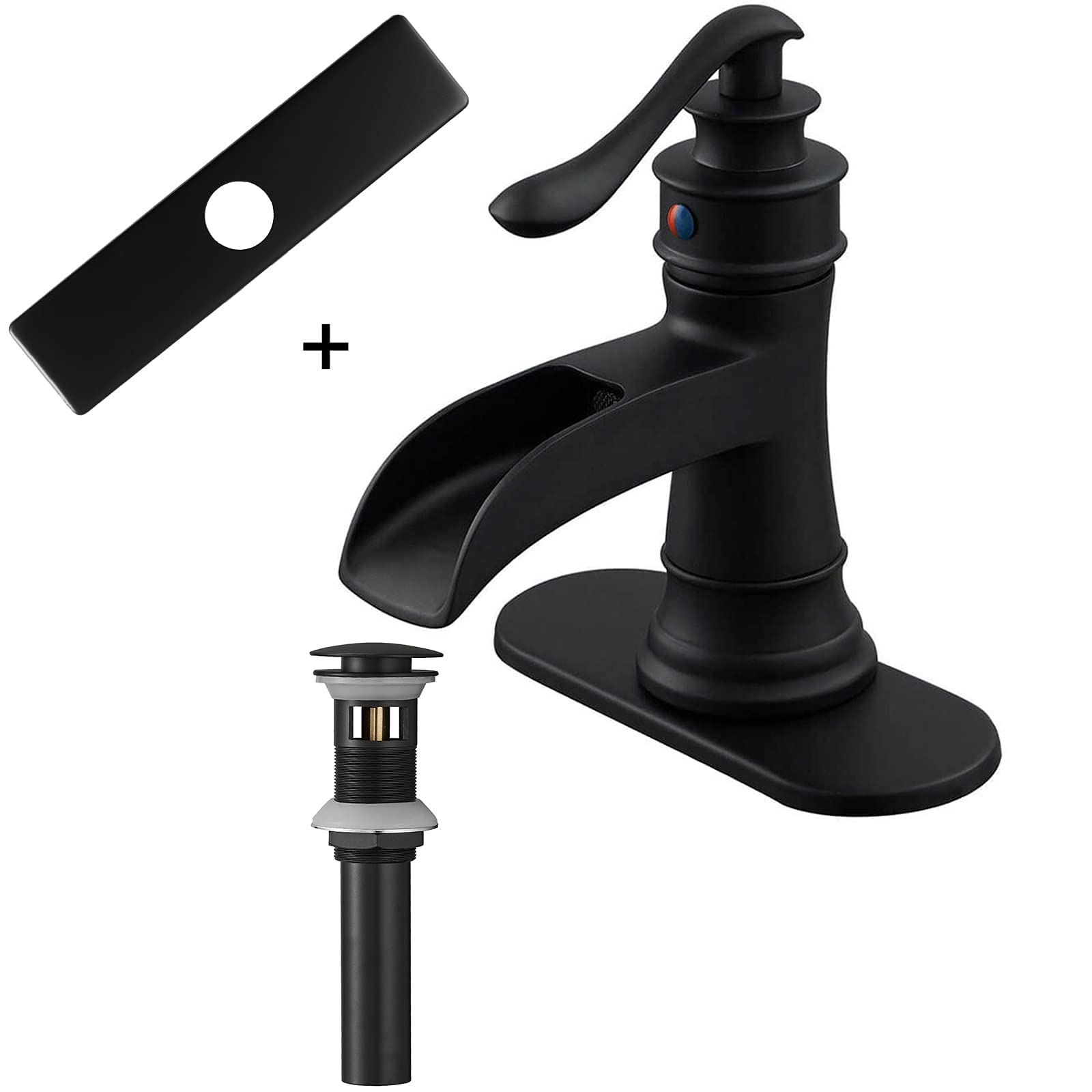 Black Matte Waterfall Bathroom Faucet with Pop-Up Drain - Farmhouse Vanity Sink Faucet Set Includes Hole Cover & Escutcheon Plate - Perfect for Modern & Rustic Bathroom Decor