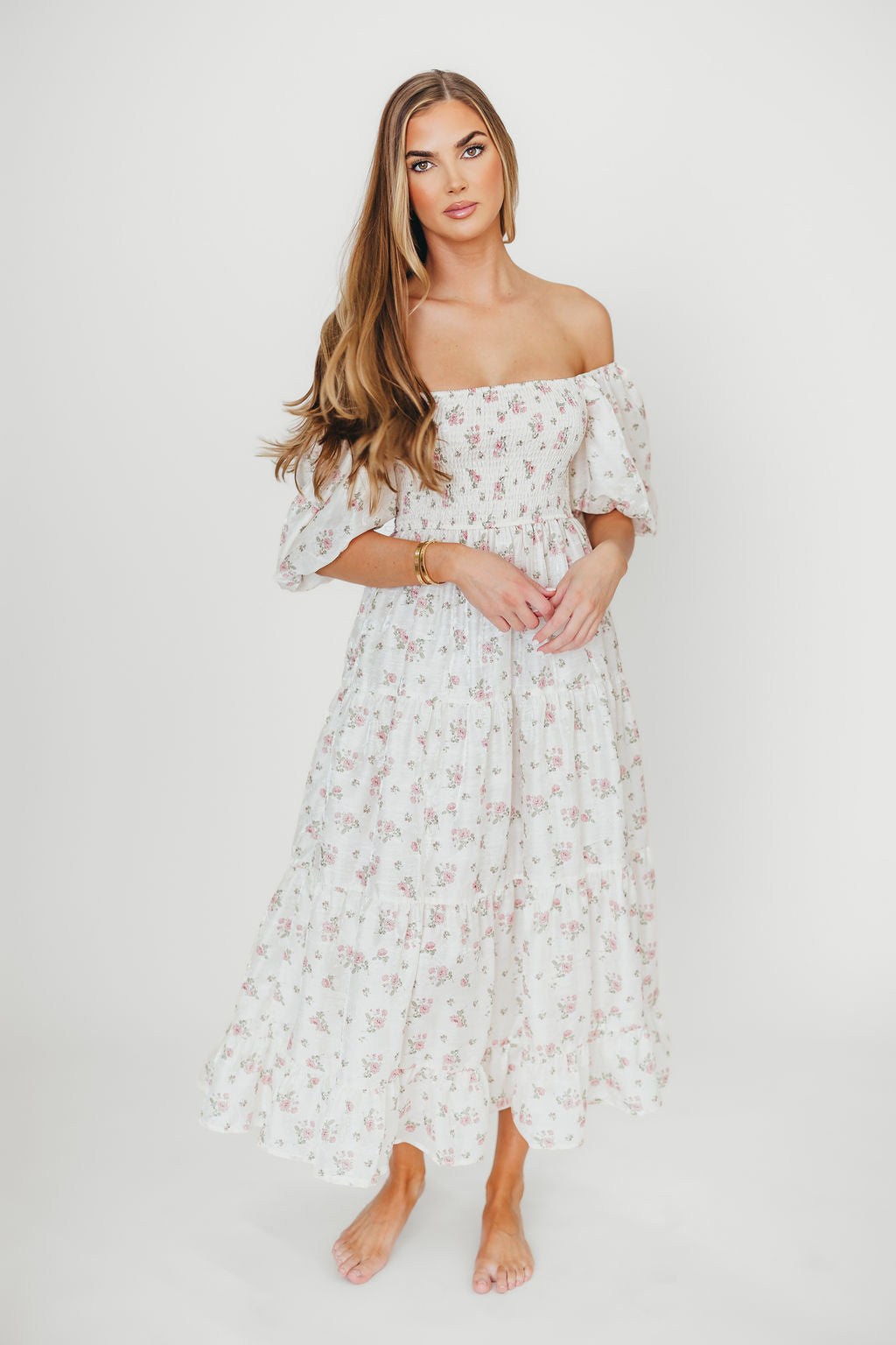 Mia Midi Dress in Ivory & Pink Floral Print - Elegant Summer Dress for Women, Perfect for Weddings, Parties & Casual Outings