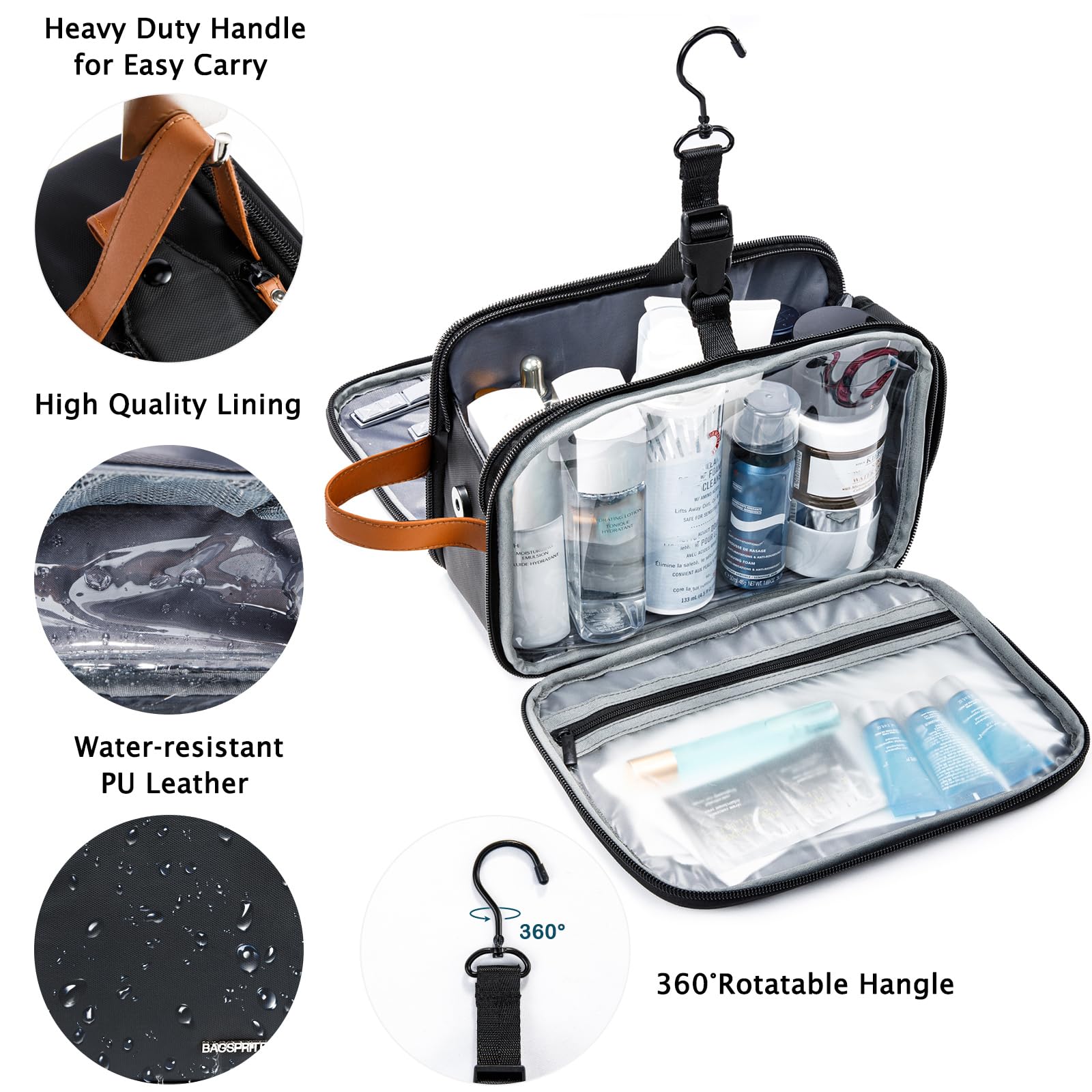 BAGSPRITE Large Waterproof Hanging Toiletry Bag for Men & Women - Travel Makeup Cosmetic Organizer with Hook - Ideal for Bathroom, Gym, Camping & Airplane Carry-On Essentials