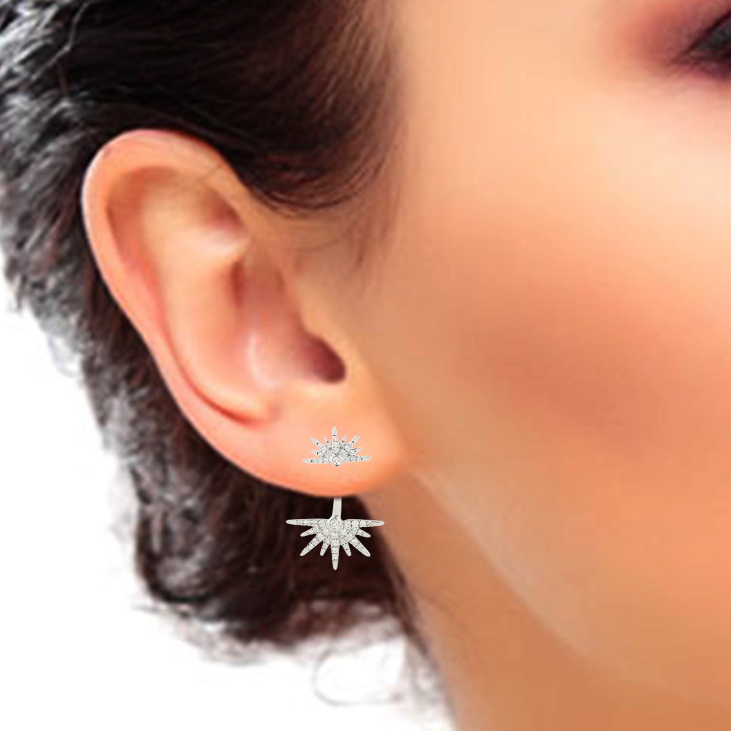 18K White Gold Pave Natural Diamond Starburst Ear Jacket Earrings for Women | Elegant Wedding, Party & Evening Wear Jewelry