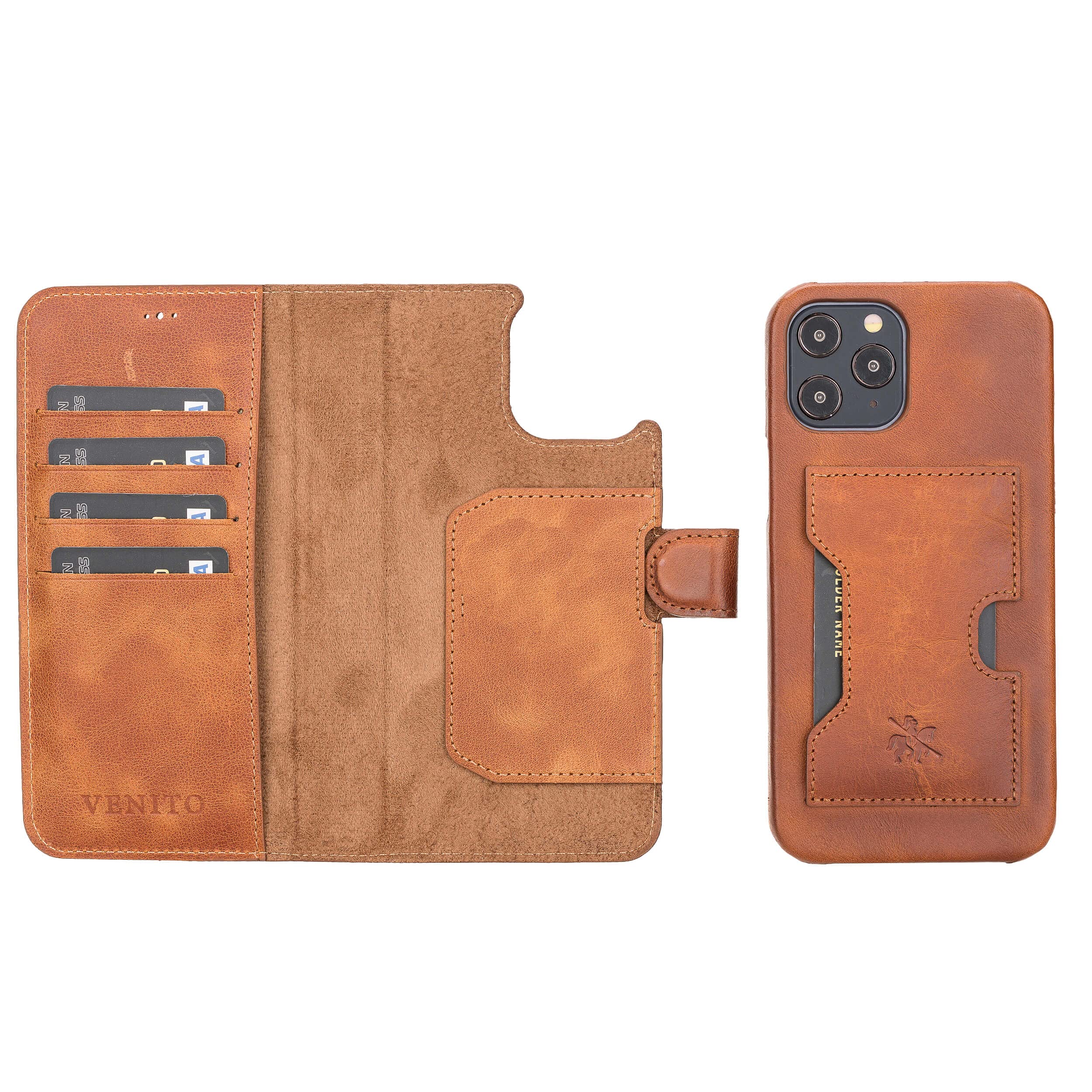 Venito Florence Genuine Leather Wallet Phone Case for iPhone 13 Pro Max (6.7 inch) - RFID Blocking Protection - Detachable Magnetic Wallet - Perfect for Travel, Work & Everyday Use (Antique Brown)