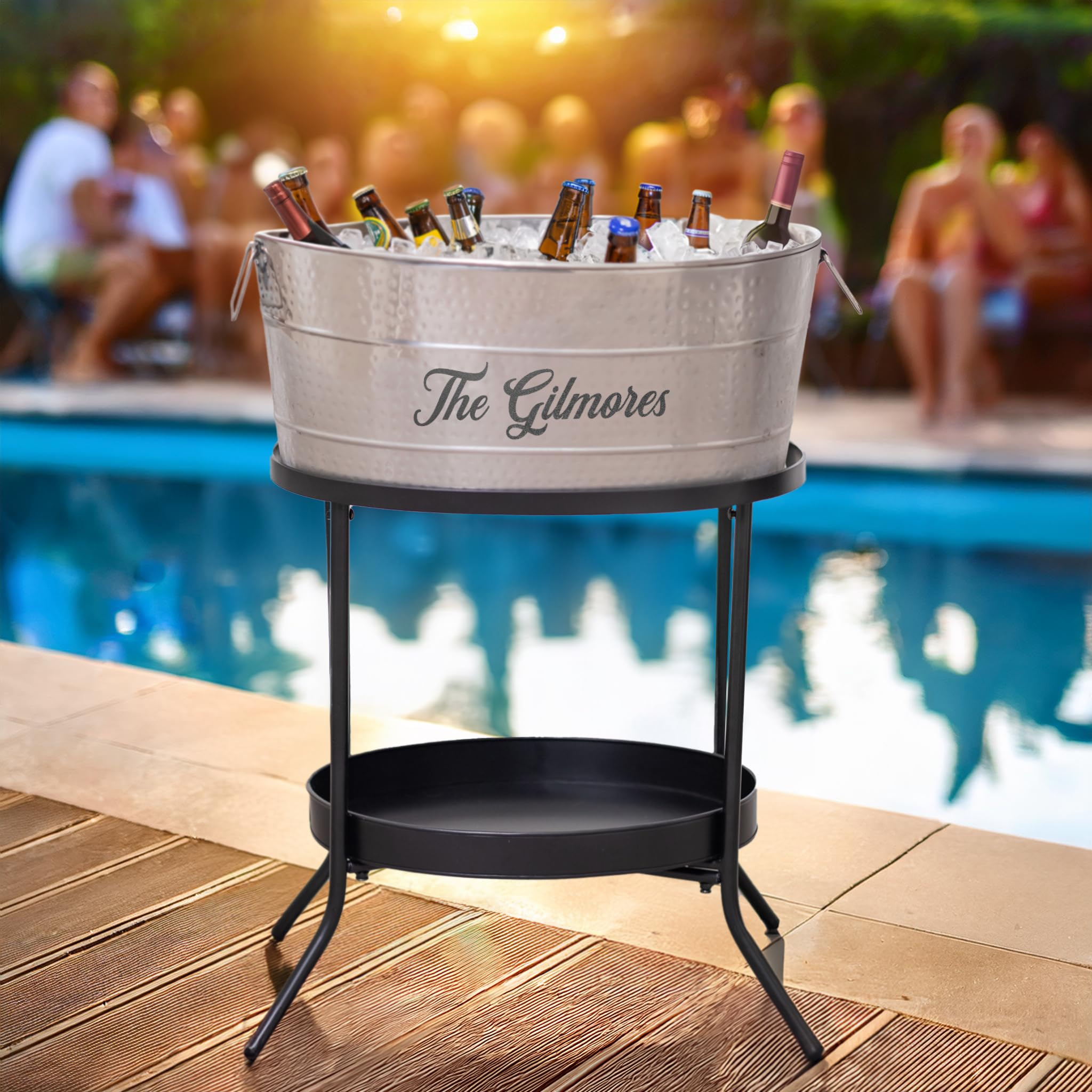 BREKX Personalized Aspen Hammered Stainless-Steel Beverage Tub - 25-Quart Leak & Rust Proof Drink Cooler with Metal Stand - Perfect for Parties, Weddings, and Outdoor Events