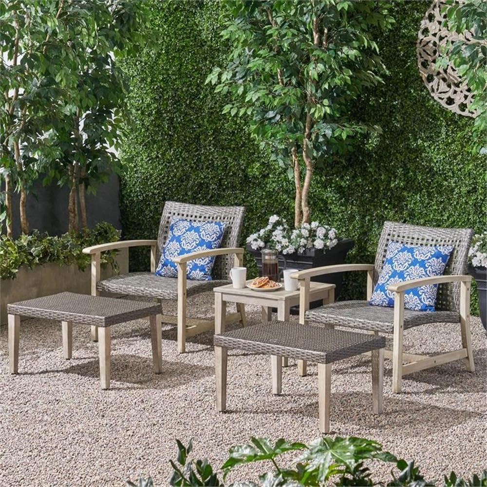Noble House Breakwater Outdoor 5 Piece Wicker Chat Set with Fire Pit Black - Perfect for Patio, Garden, and Backyard Relaxation