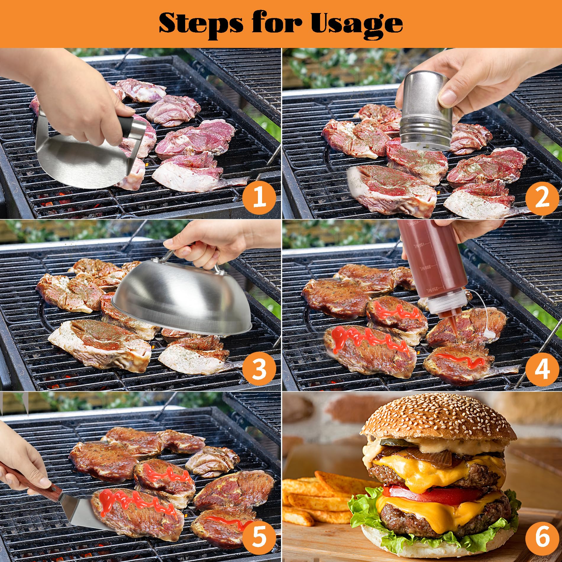 Premium Stainless Steel Burger Press Set - Smash Burger Maker with Metal Spatulas, Burger Dome, Wax Disc Papers & Squeeze Bottles - Perfect for BBQ, Grilling & Restaurant-Style Burgers at Home