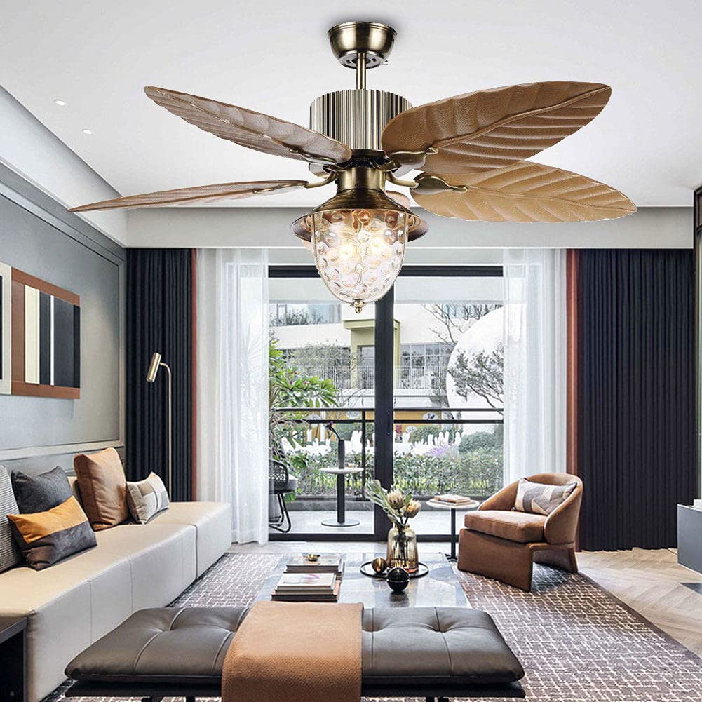 52 Inch Tropical Ceiling Fan with 5 Palm Leaf Blades - 3 Speed Reversible Remote Control, E27 Bulb Glass Light Cover - Indoor/Outdoor Use for Living Room, Bedroom, Patio - Brown
