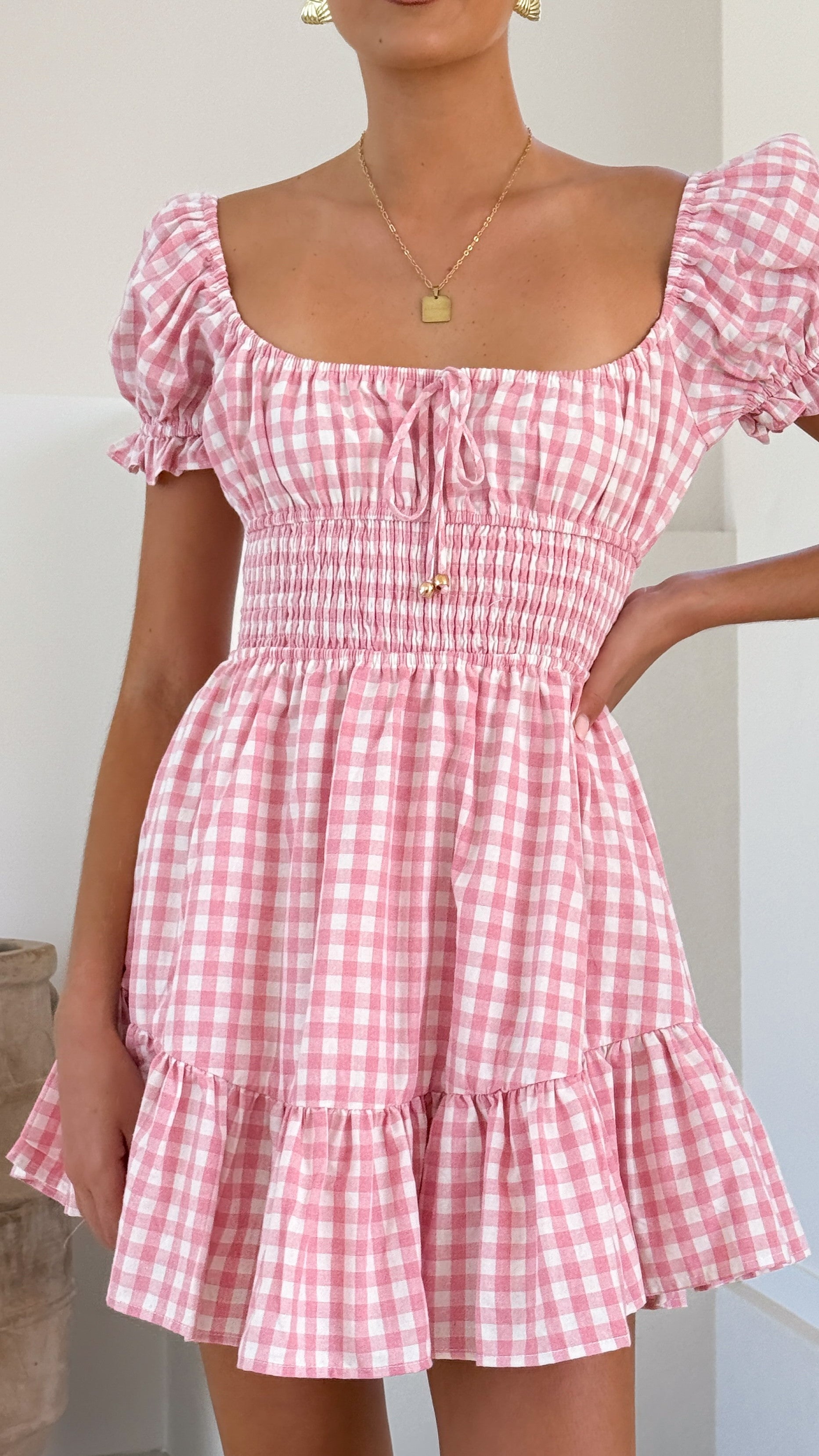 Kori Mini Dress - Pink Checkered Floral Summer Casual Dress for Women | Perfect for Beach, Party & Date Night Outfits