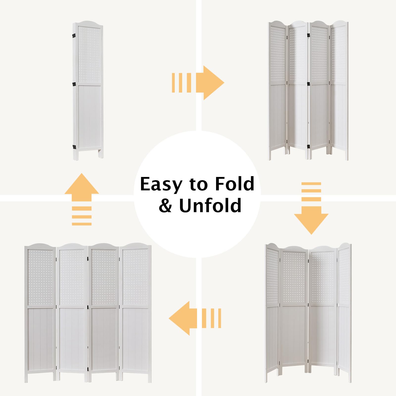 4 Panel Wooden Pegboard Display - 5.75Ft Freestanding Room Divider & Privacy Screen for Craft Fairs, Exhibitions, Trade Shows - White Folding Partition for Booth Decoration & Retail Display - Perfect for Craft Rooms, Home Offices, and Event Spaces