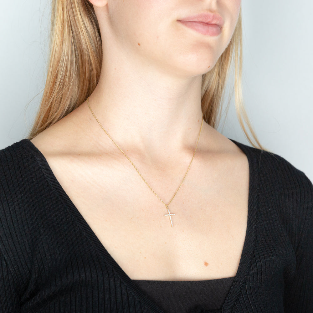 1/10 Carat Diamond Cross Pendant Necklace with 22 Brilliant Diamonds in 9K Yellow Gold - Elegant Religious Jewelry Gift for Women, Perfect for Baptism, Confirmation & Everyday Wear